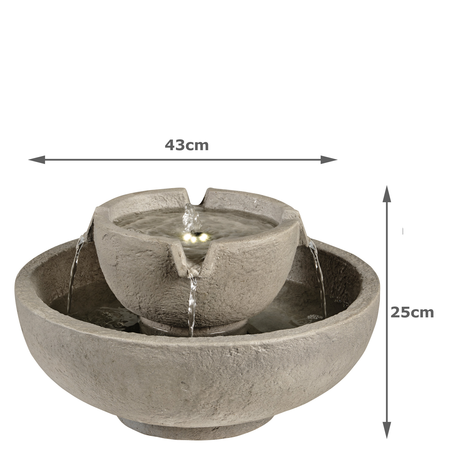 LED Solar Brunnen - Gartenbrunnen - GRC Beton - 6 warmweiße LED - D: 43cm - grau