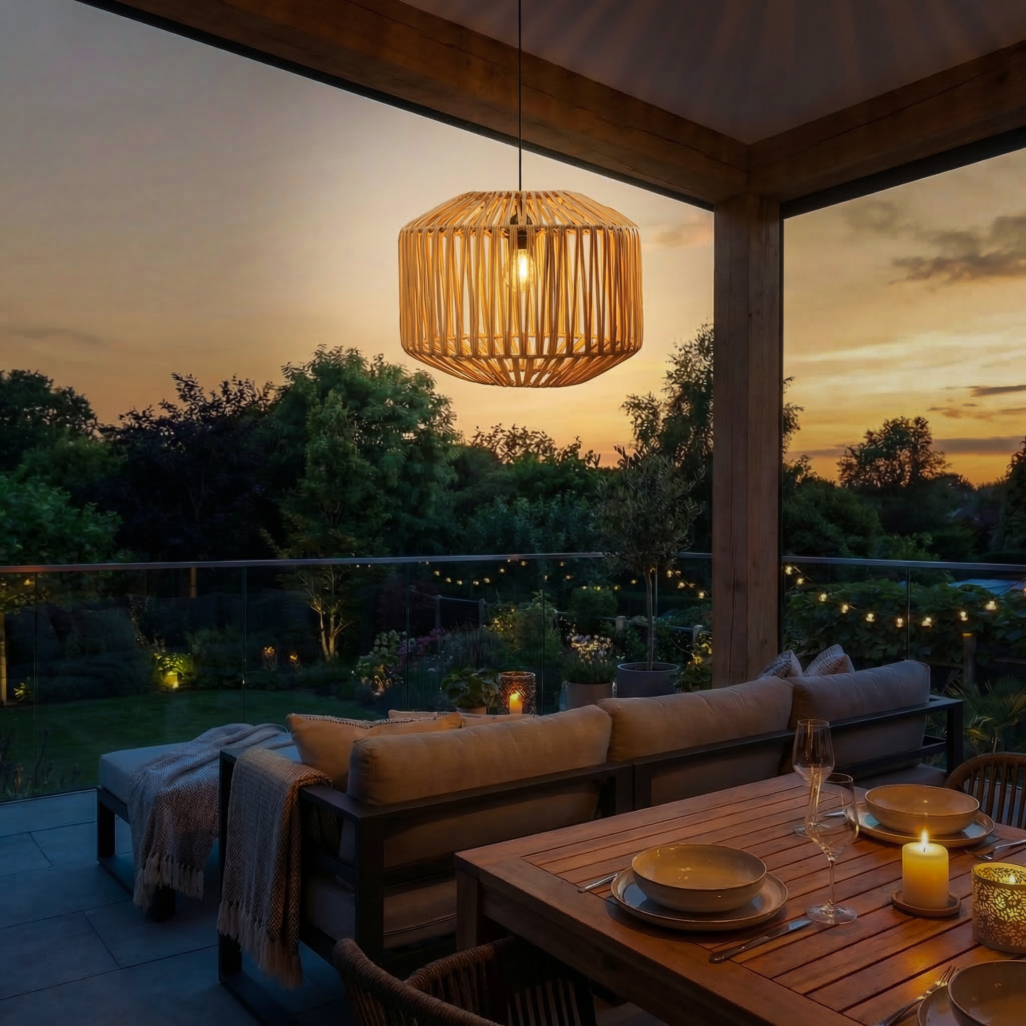 LED Hängeleuchte - Lampenschirm aus Kunststoffseil - D: 40cm - Timer - outdoor