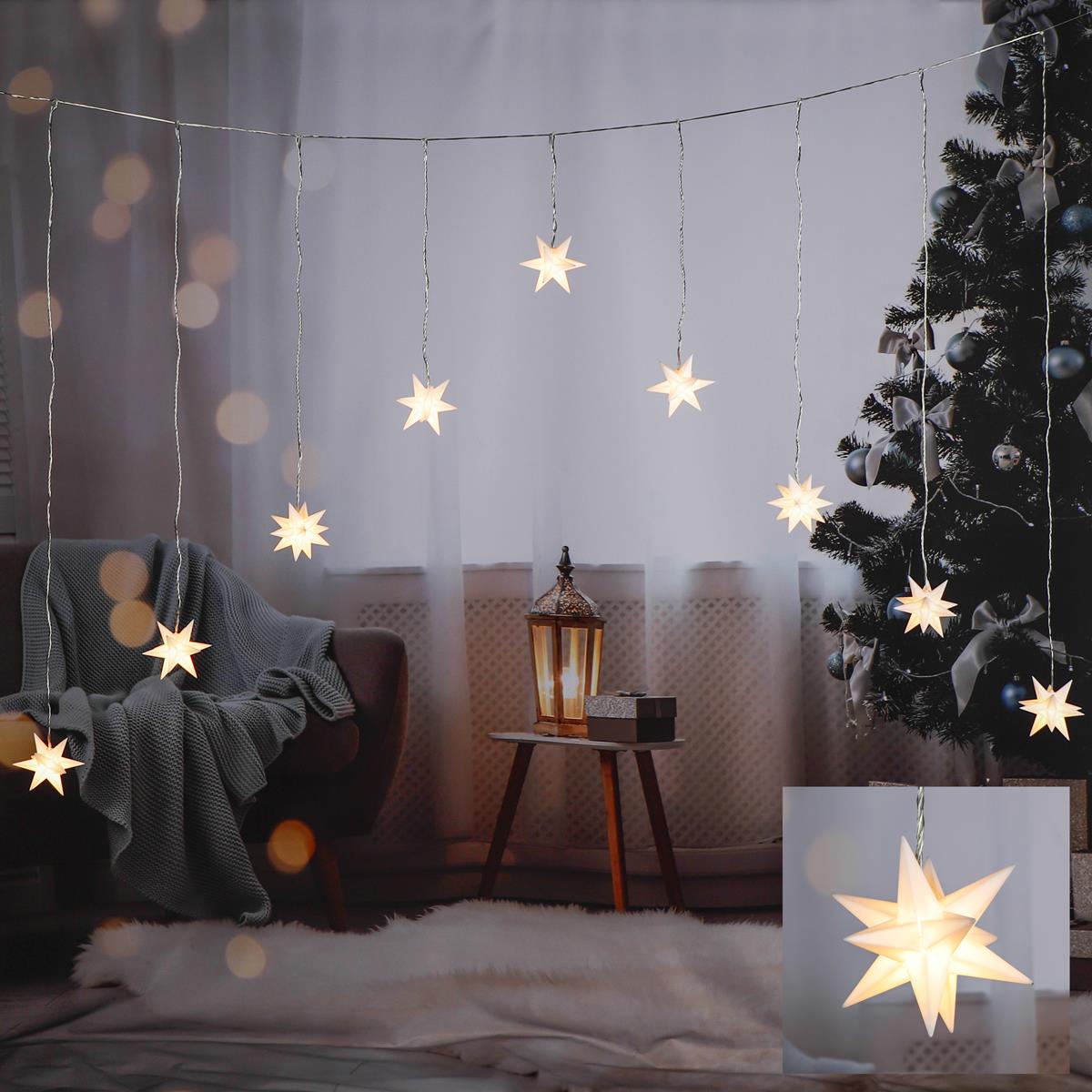 LED Lichtervorhang 3D Sterne - 9 weiße Sternen - warmweiße LED - L: 160cm, H: 120cm - Batterie