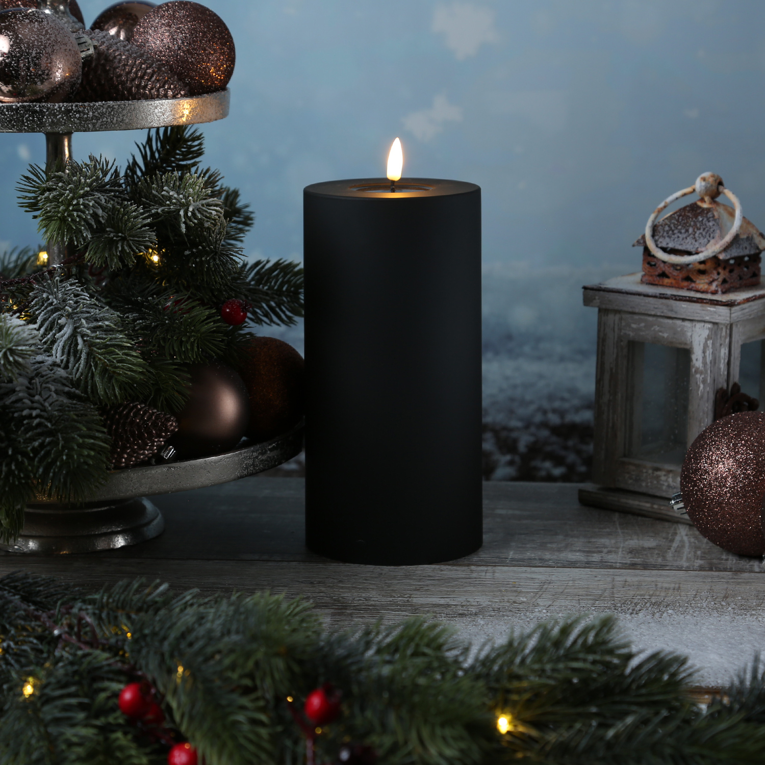 LED Stumpenkerze MIA - Kunststoff - realistische 3D Flamme - H: 20cm - f. Außen - schwarz