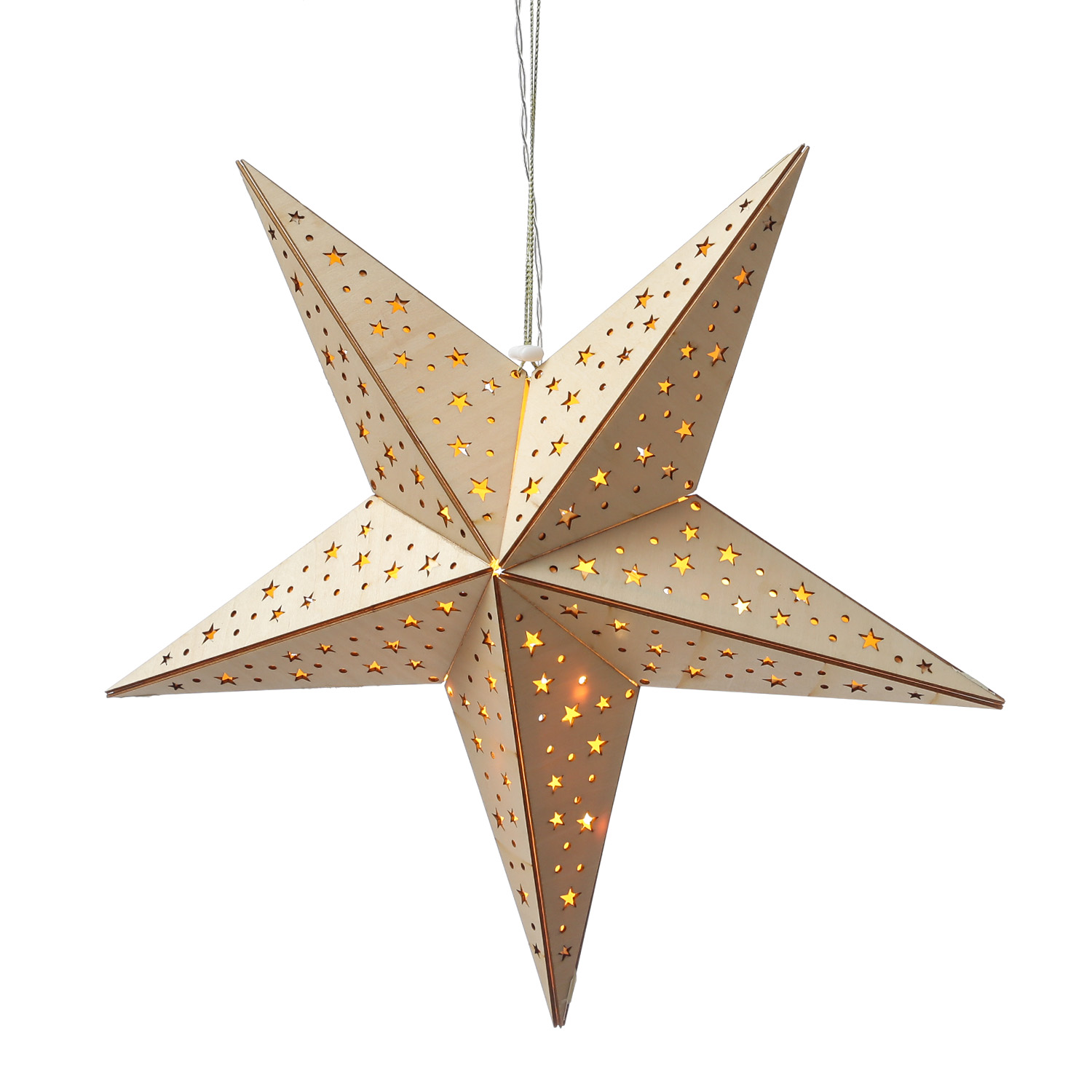 LED Holzstern - mit Sternenmuster - hängend - 5-zackig - 10 warmweiße LED - D: 40cm - Timer
