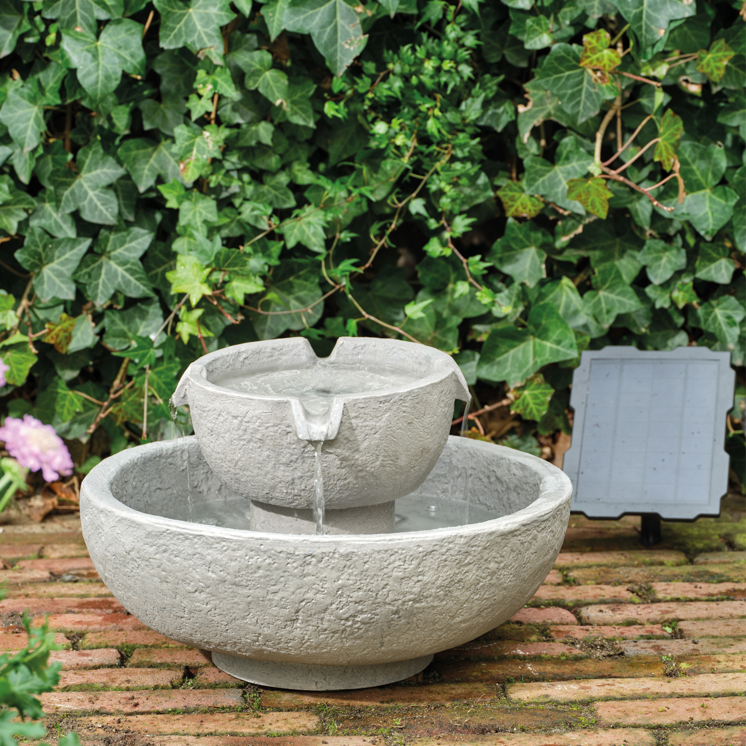 LED Solar Brunnen - Gartenbrunnen - GRC Beton - 6 warmweiße LED - D: 43cm - grau