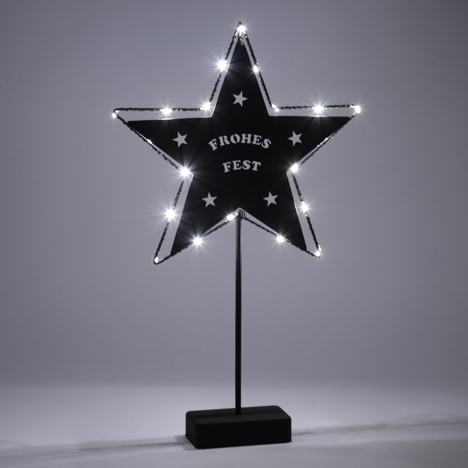 LED Stern FROHES FEST - Metallstern - stehend - 5zackig - H: 45cm - 20 LED - Batterie - schwarz