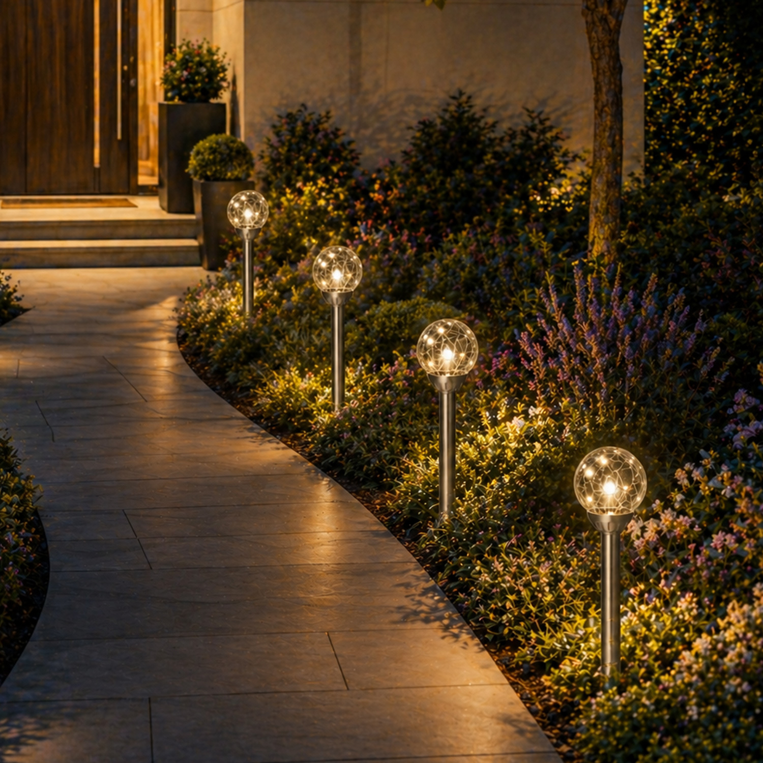 LED Solar Wegleuchten - Gartenleuchten in Bruchglas-Optik  - H: 30cm - Lichtsensor - 4er Set