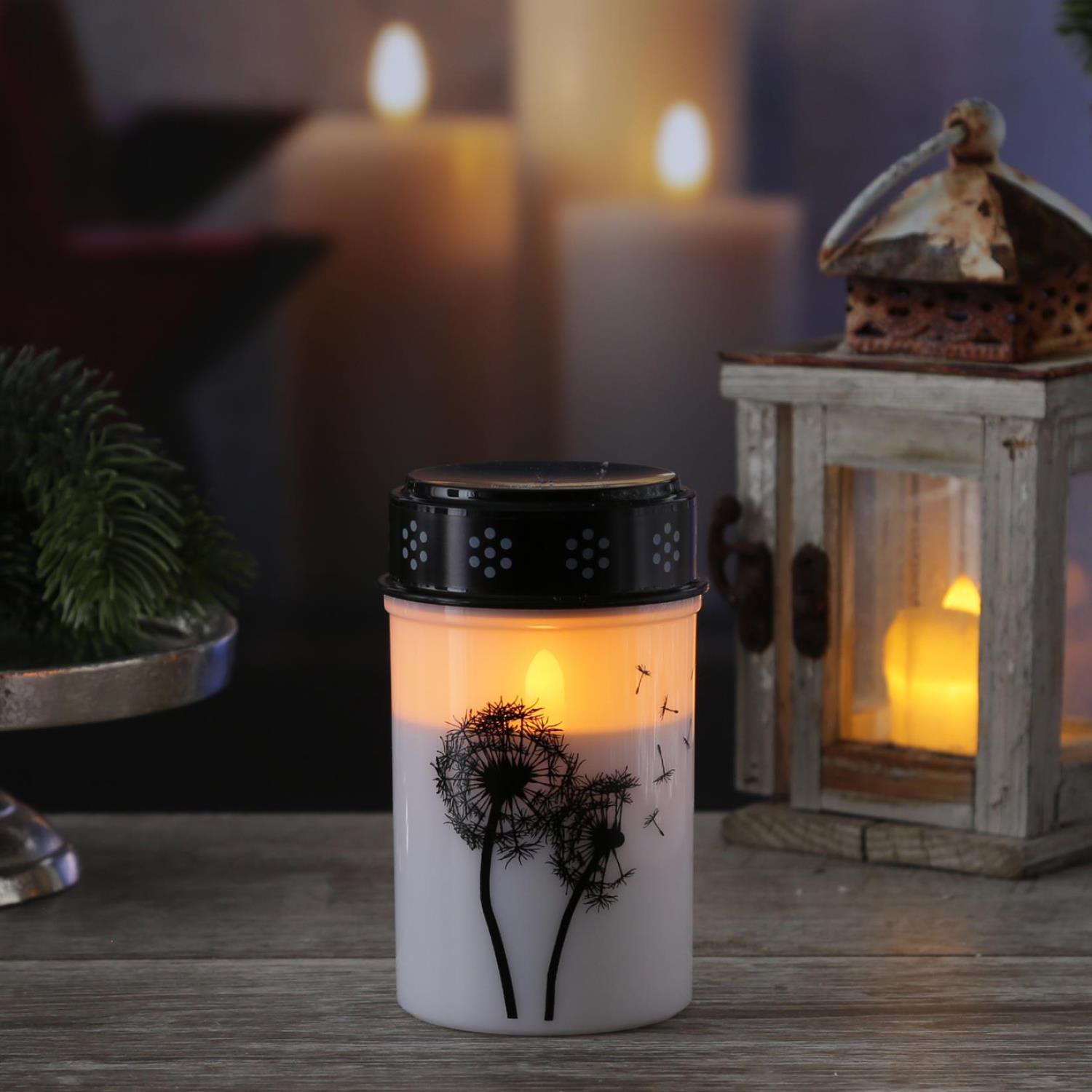LED Grablicht-Grabkerze Pusteblume - bis 2500 Stunden - H- 12cm- D- 7cm - Timer - weiss-schwarz