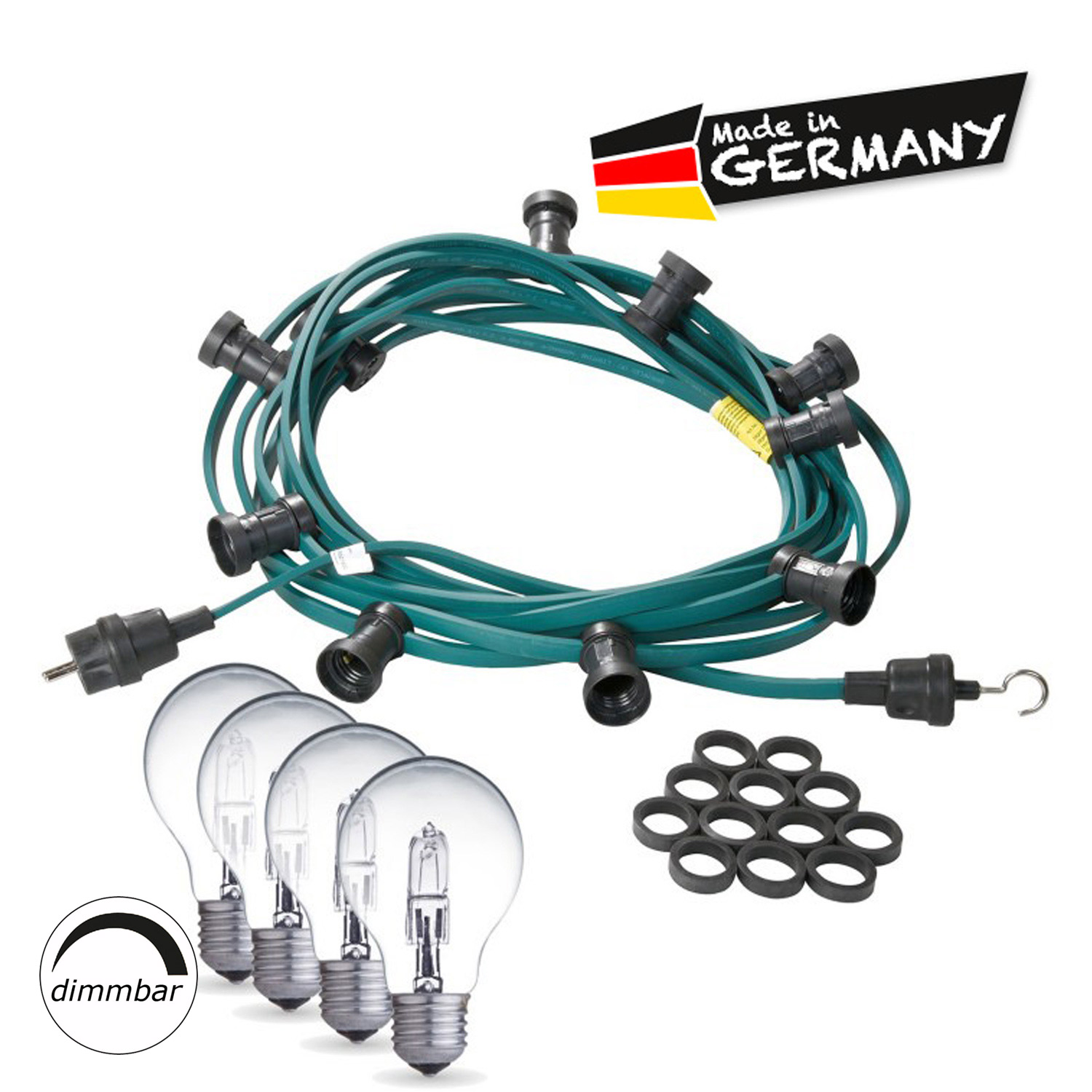Illu-/Partylichterkette 50m - Außenlichterkette grün - Made in Germany- 50 weiße Halogenlampen (28W)