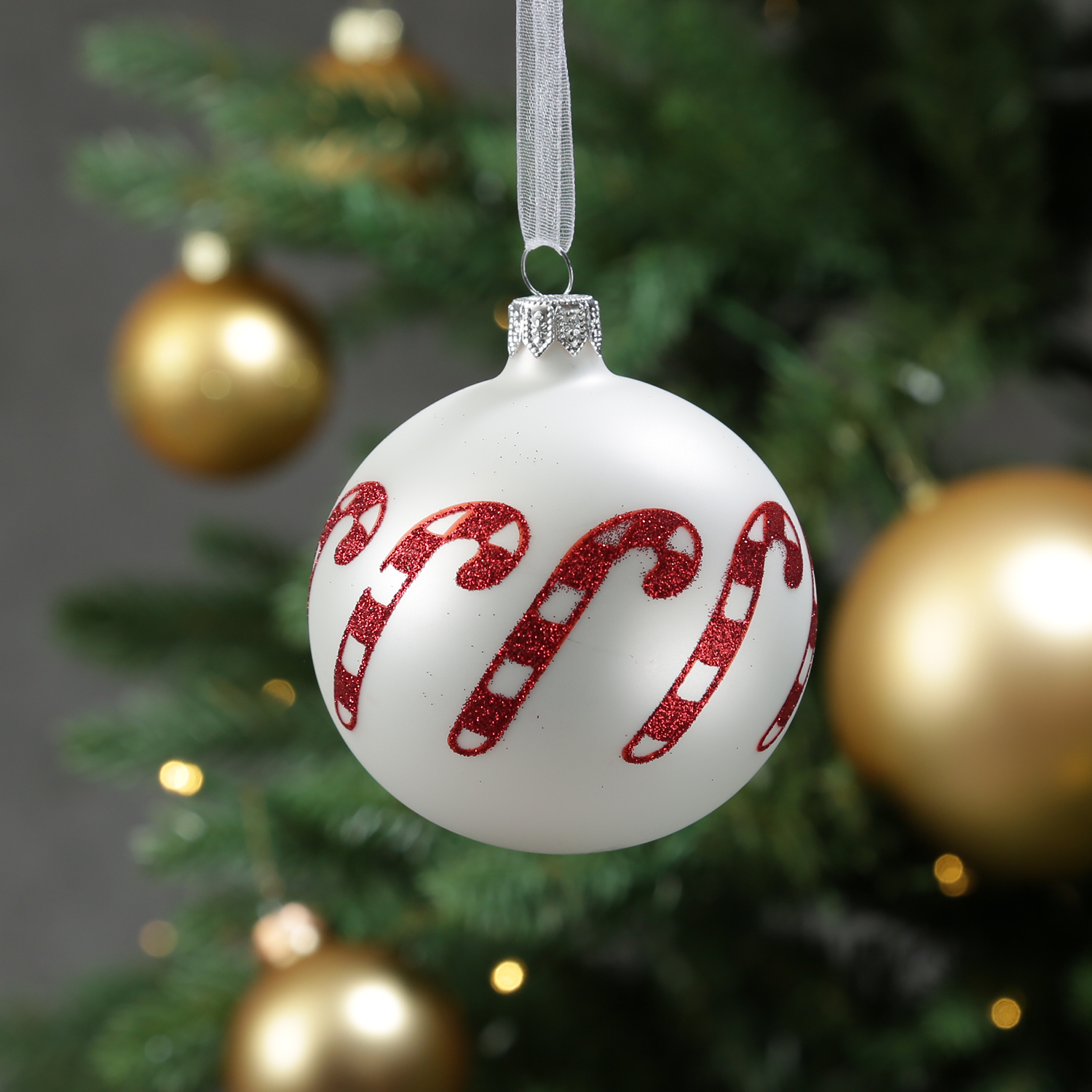 Christbaumkugel Zuckerstange - Weihnachtsbaumkugel - Glas - D: 8cm - matt weiß