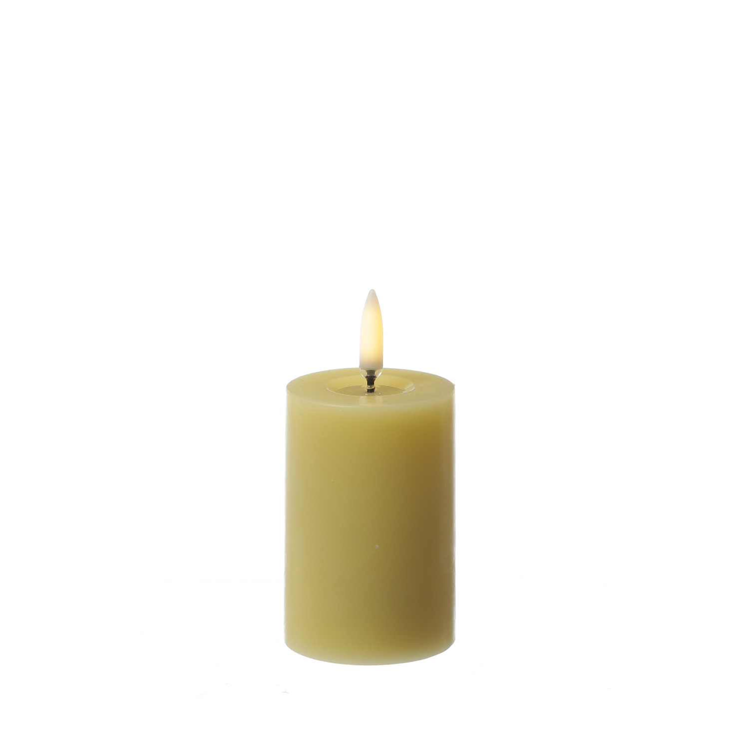 LED Mini Kerze THEA - Echtwachs - 3D Flamme mit Wachsspiegel - D: 5cm - H: 7,5cm - Timer - gelb