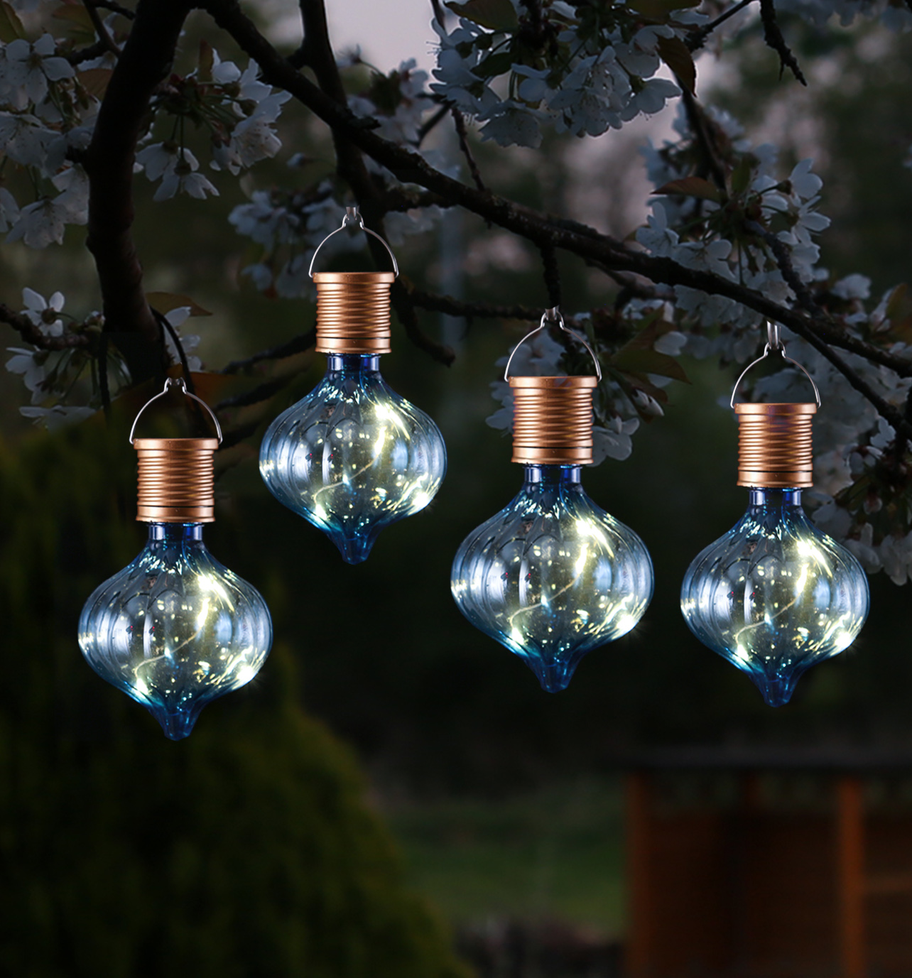 LED Solar Glühbirnen GLOW - Kugelleuchte - warmweiße LED Drahtlichterkette - H: 11,7cm - blau - 4St.