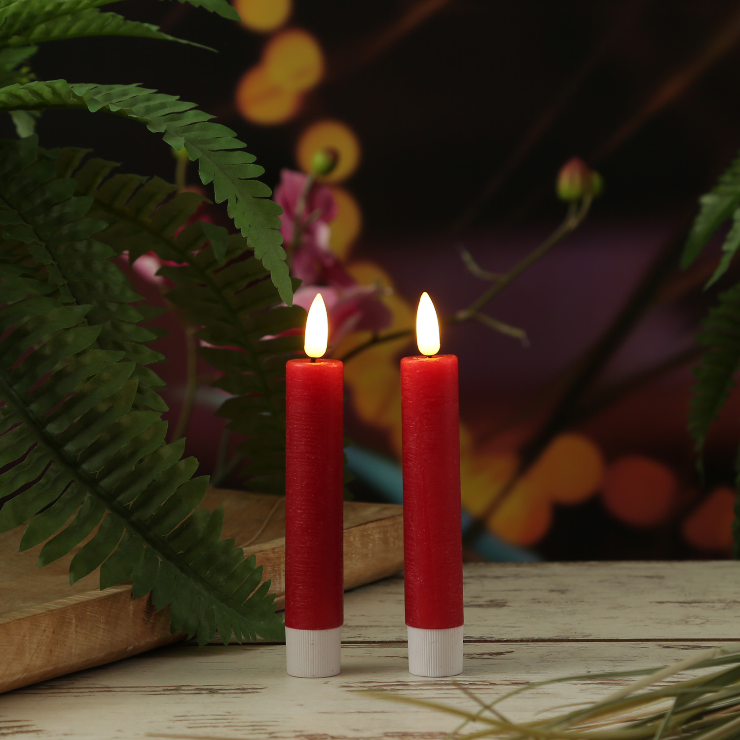 LED Stabkerzen LINA - Rustik-Optik - Echtwachs - 3D Flamme - H: 16cm - Timer - rot - 2er Set