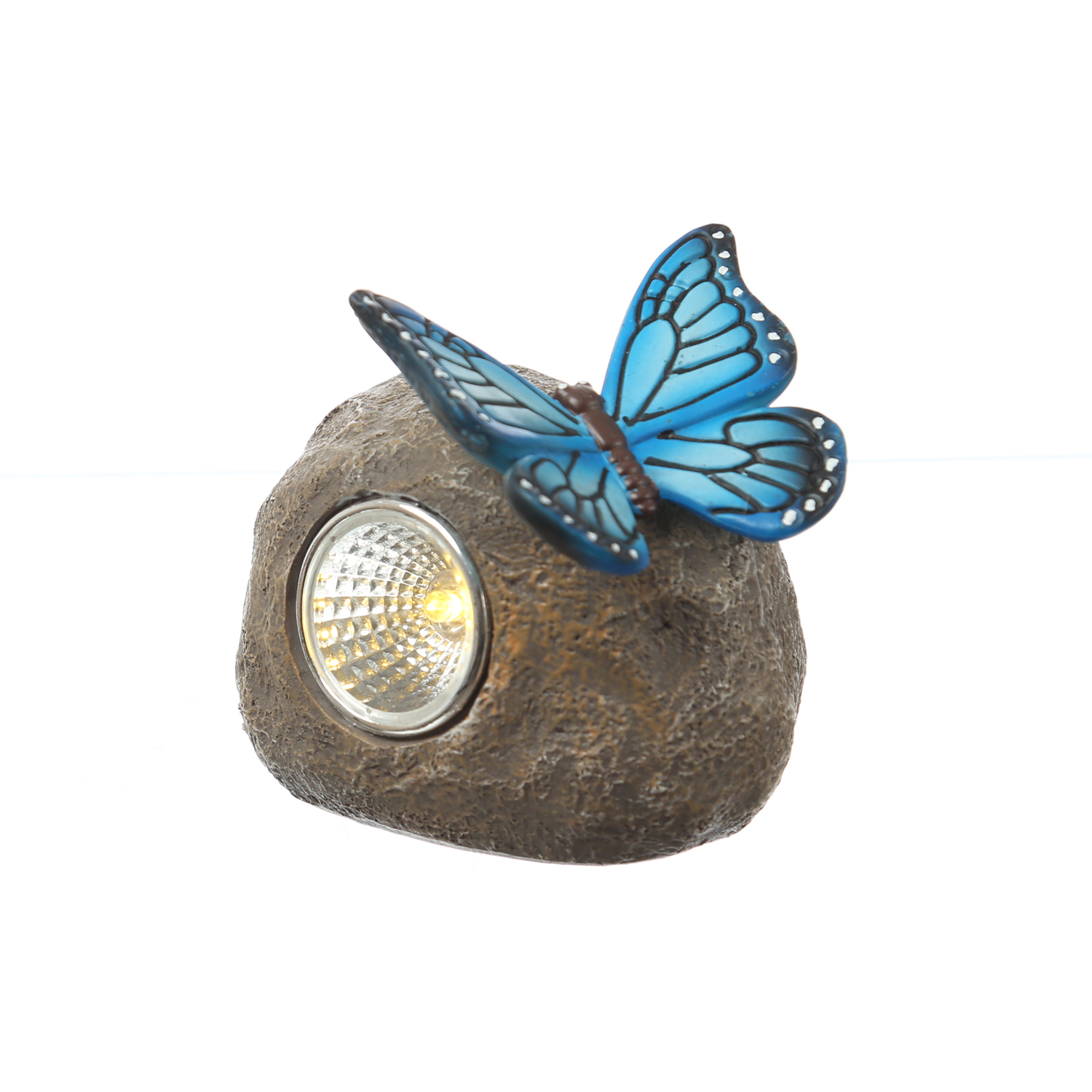 LED Solar Stein mit blauem Schmetterling - Gartenfigur - warmweiße LED - H: 9cm - Lichtsensor