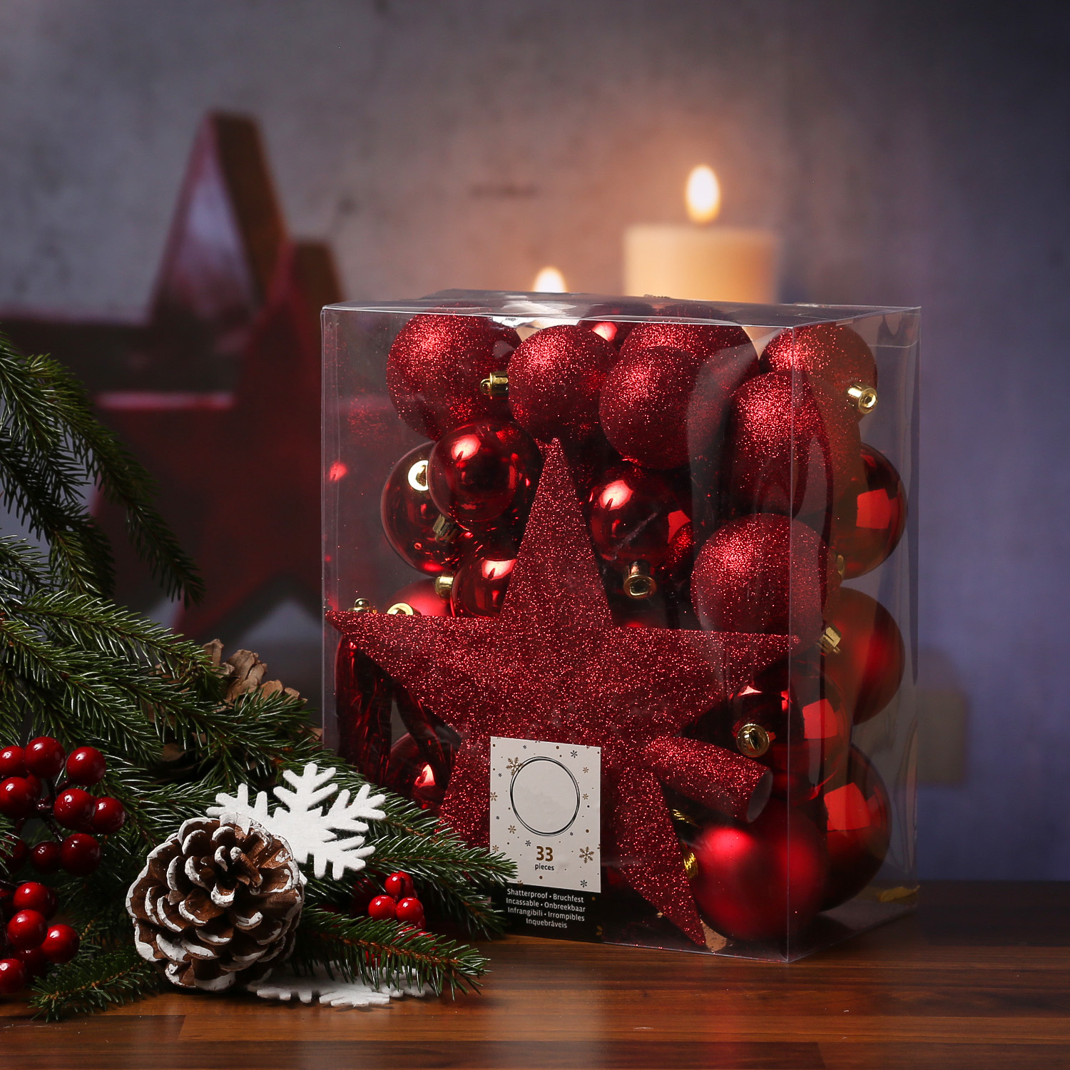Christbaumkugel - Weihnachtsbaumkugel - bruchfest - glänzend, matt und glitzernd - rot - 33er Set
