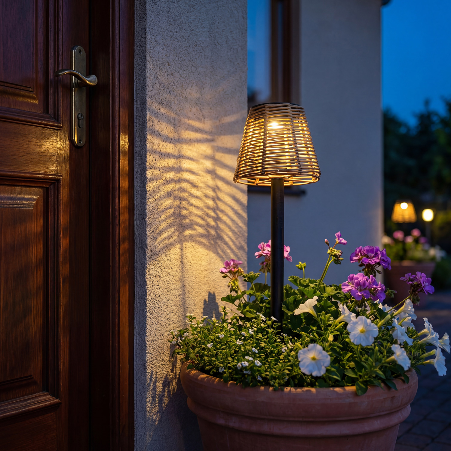 LED Solar Wegleuchte mit Lampenschirm in Rattanoptik - Gartenstecker - H: 30cm - Lichtsensor