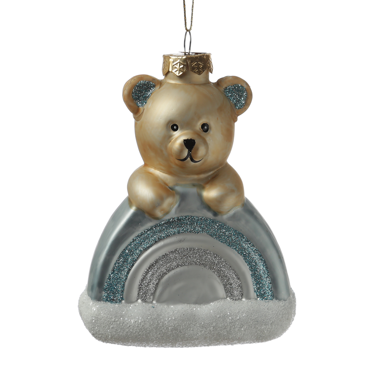 Weihnachtsbaumschmuck Teddybär mit Regenbogen - Christbaumschmuck - Glas - H: 13,5cm - blau