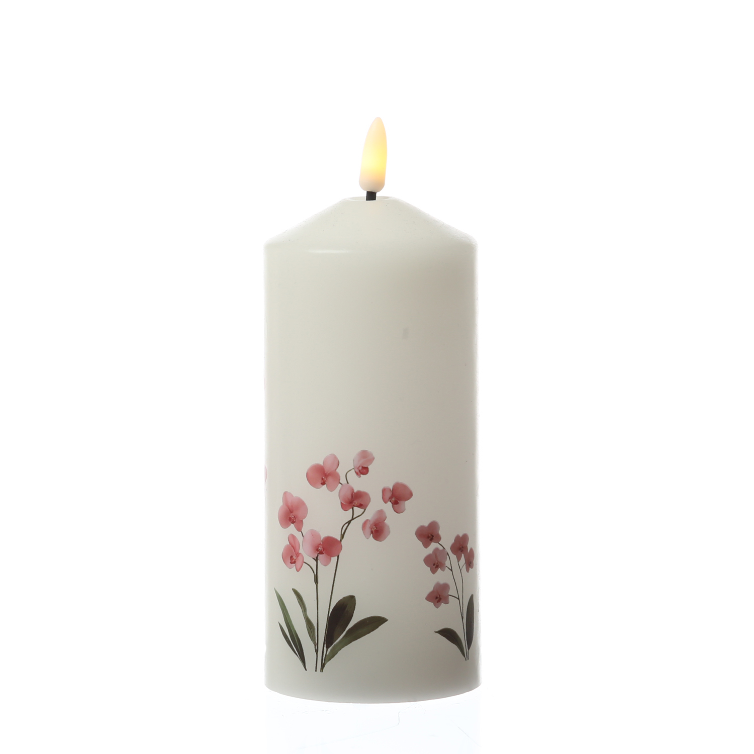 LED Kerze mit Orchideen Motiv - Echtwachskerze mit Blumen Design - H: 18,5cm - D: 7cm - Timer