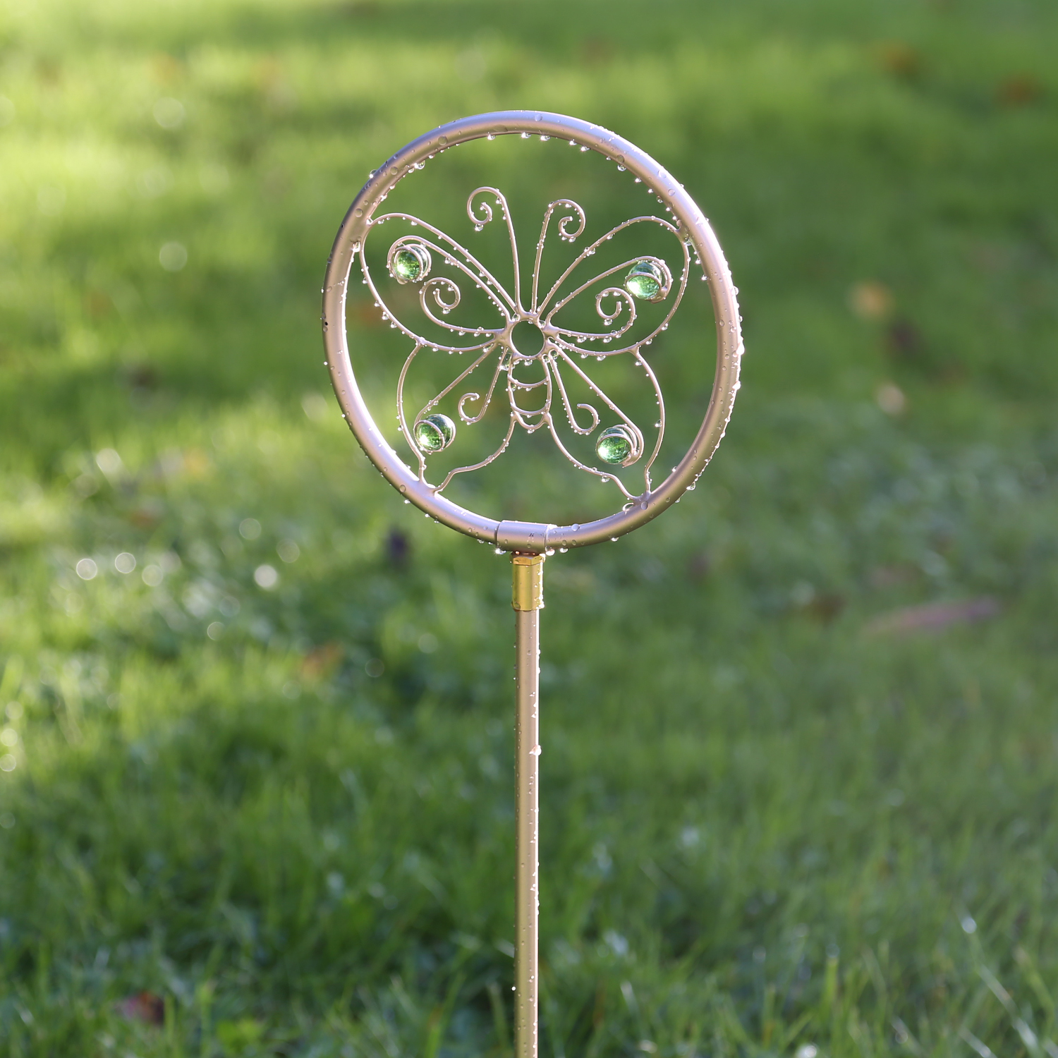 Gartenstecker SCHMETTERLING - Wassersprinkler - Edelstahl - H: 75cm - D: 19cm - silber, grün