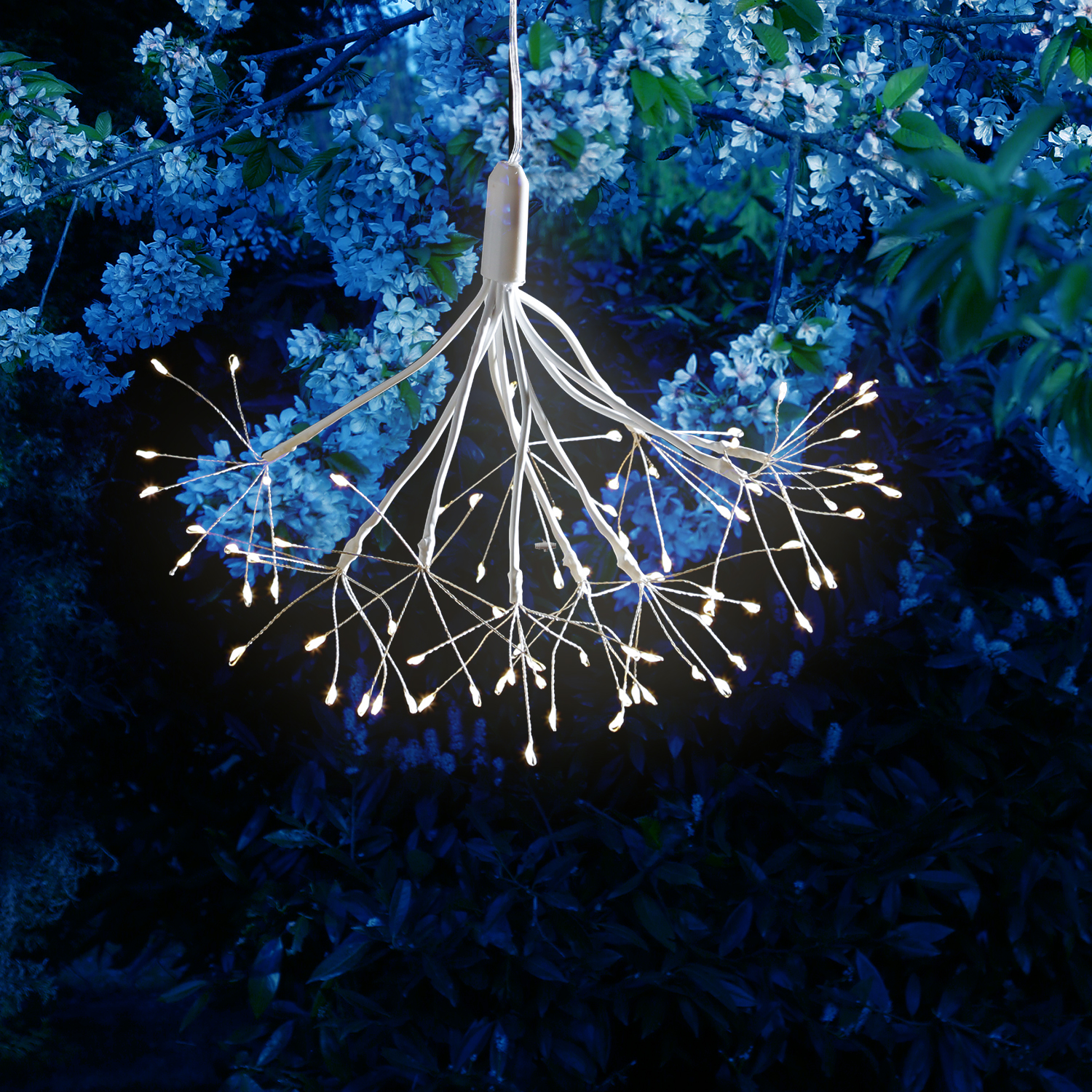 LED Feuewerk Leuchte - weißer Polarstern - Pusteblume - hängend - 80LED - 8 Funkt. - Batterie