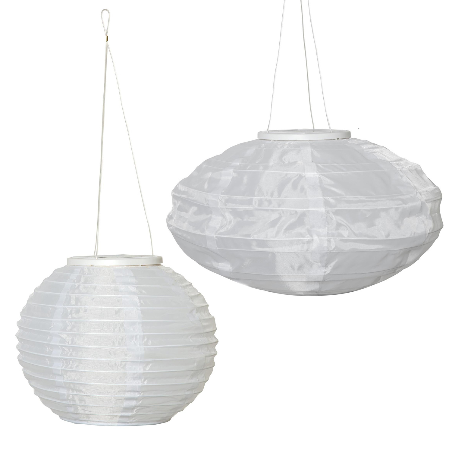 LED Solar Lampions - rund und oval - D: 25cm/35cm - Lichtsensor - weiße Gartenlampions - 2er Set