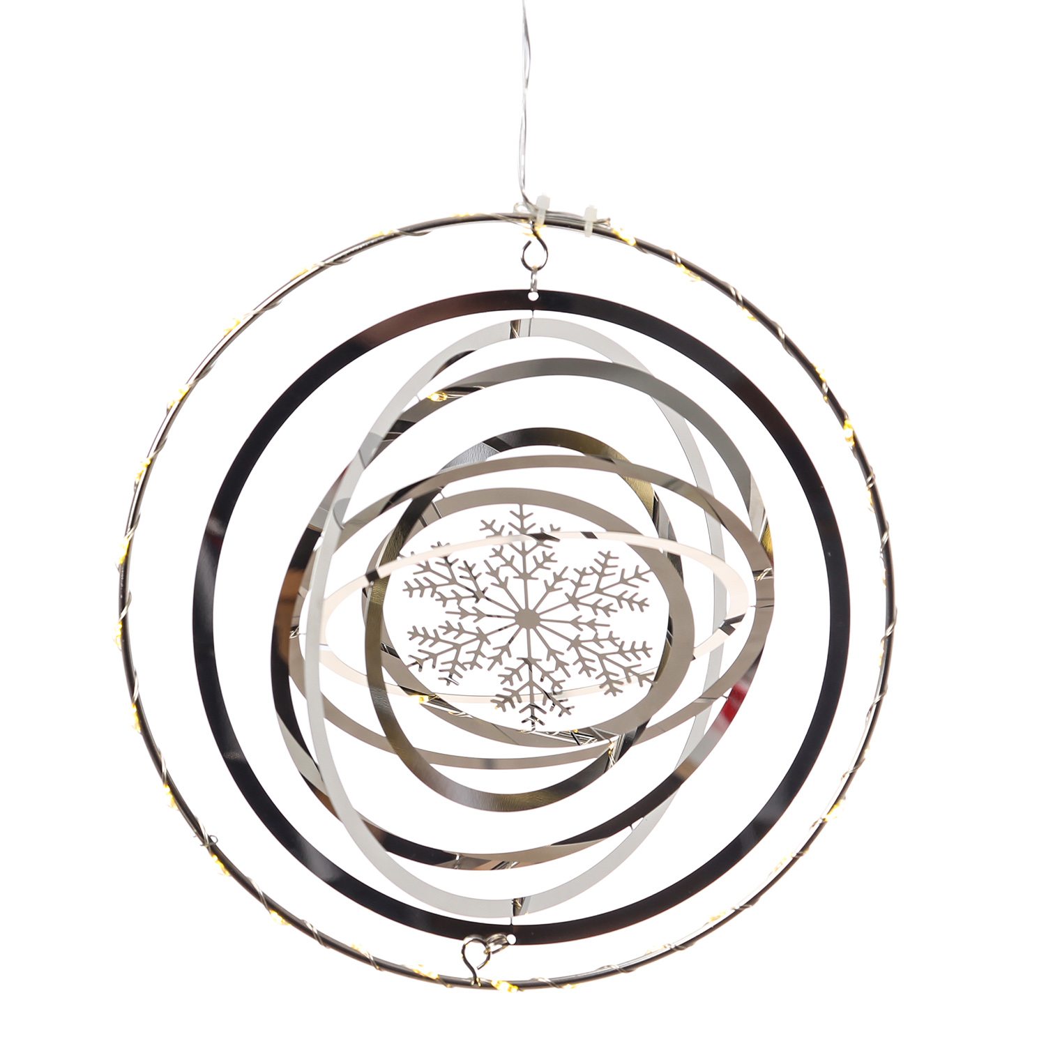 LED Kreis mit Schneeflocke - 3D Dekohänger - 30 warmweiße LED - D: 20cm - Timer - silber