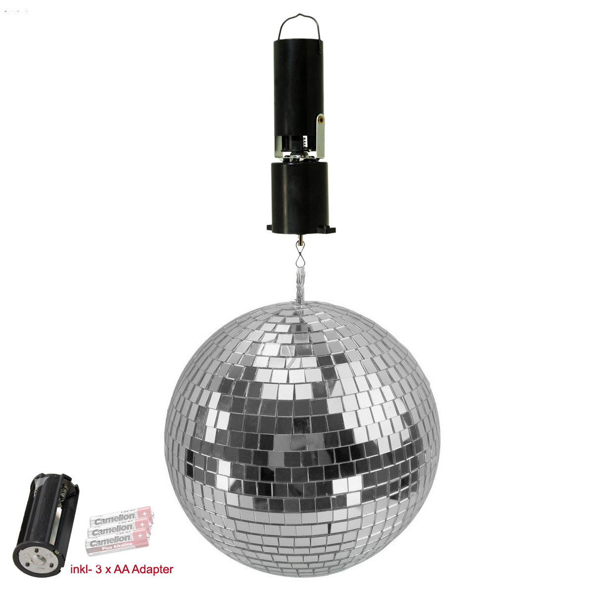 Spiegelkugel Set 20cm mit Batteriemotor – Diskokugel Party Set – Echtglas - NEU: inkl 3 xAA Adapter