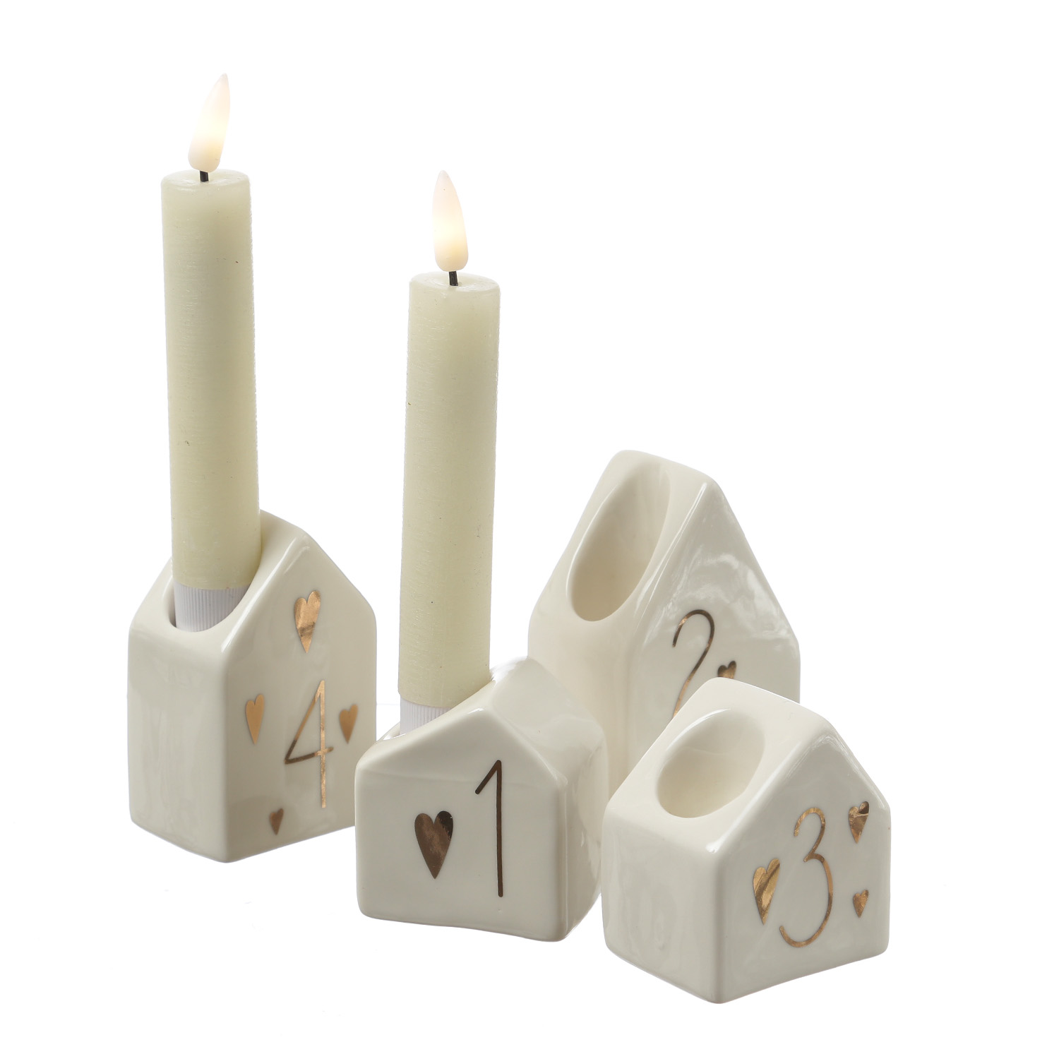 Stabkerzenhalter Adventshäuschen mit Herzen - 4 Stabkerzenhalterungen - Adventszahlen - Porzellan