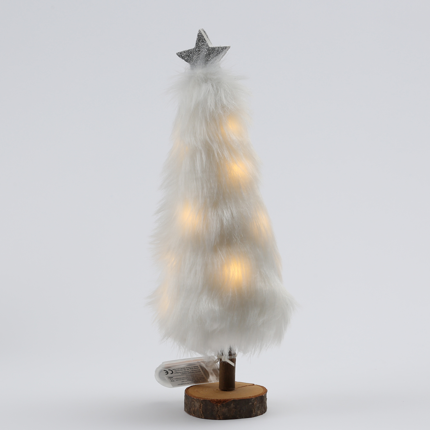LED Dekobaum PLÜSCH - Holz - Plüschfell - warmweiße LED - Sternspitze - H: 27,5cm - Batterie - weiß