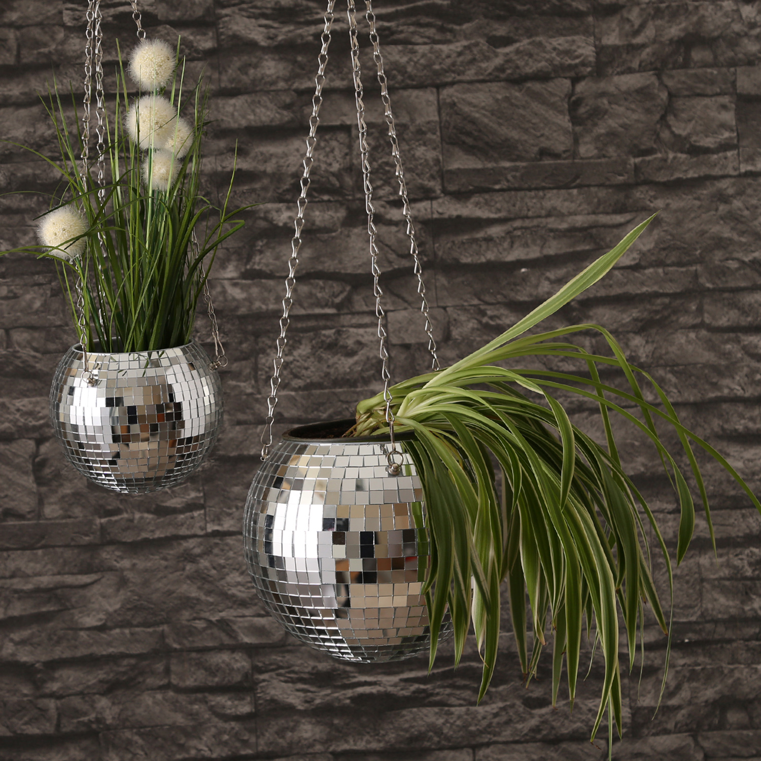 Blumenampel Discokugel 15cm silber - Spiegelkugel als Blumentopf