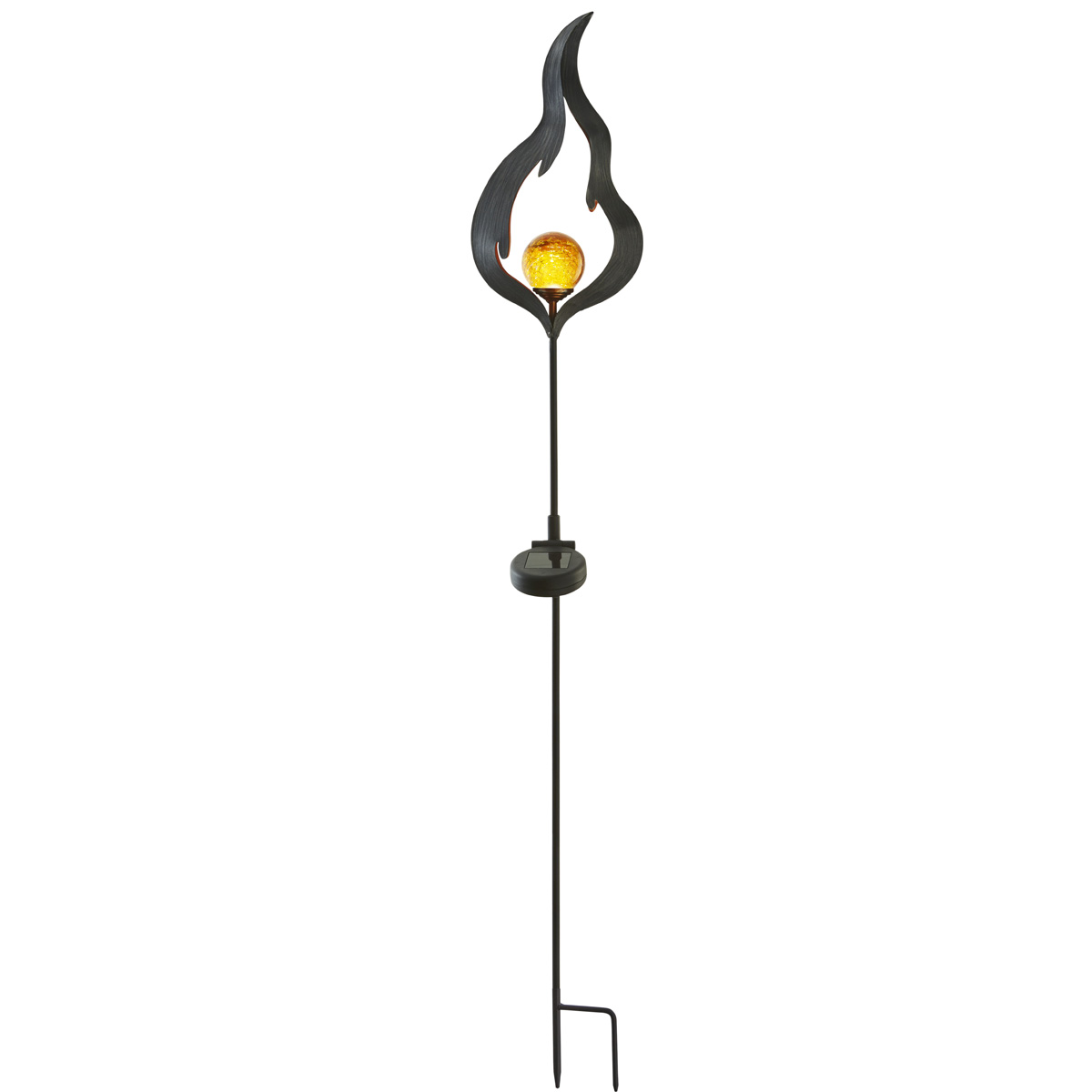 LED Solarstab "Feuer"- schwarz - amber LED - Glaskugel in Flamme - H: 85cm - Dämmerungssensor