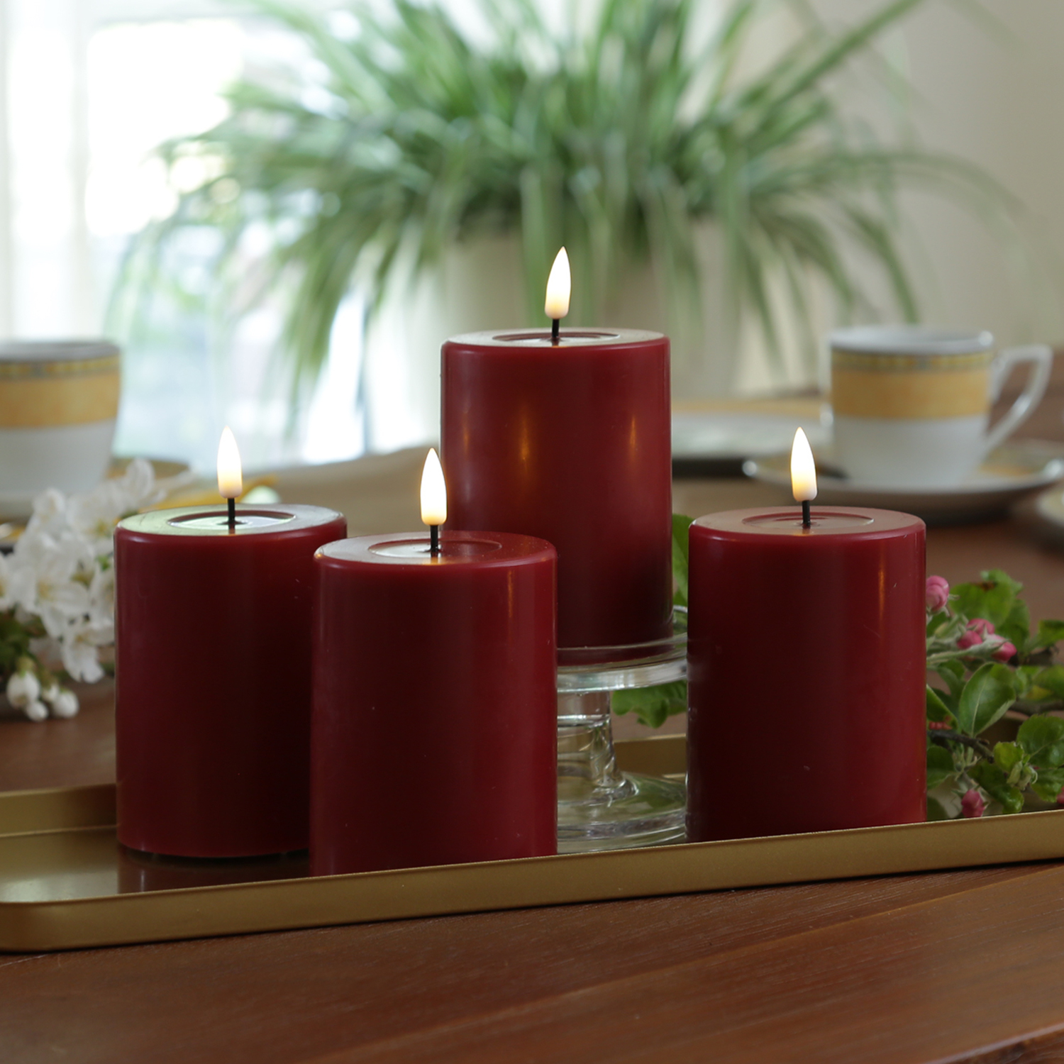 LED Kerzenset MIA - Echtwachs - H: 10cm/D: 7,5cm - mit Batt./Fernbedienung - bordeauxrot - 4er Set