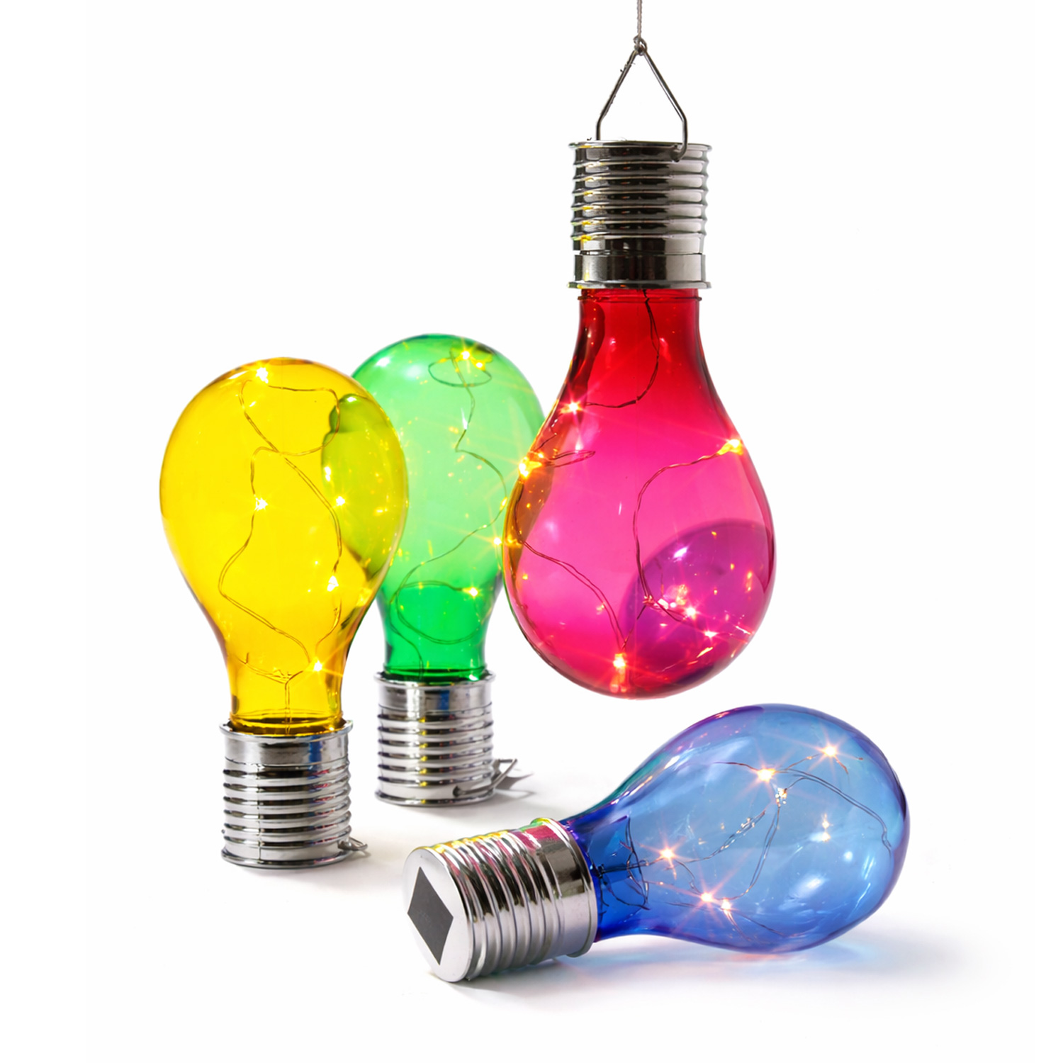 LED Solar Glühbirnen GLOW - warmweiße LED Drahtlichterkette - H: 14cm - Lichtsensor - buntes 4er Set