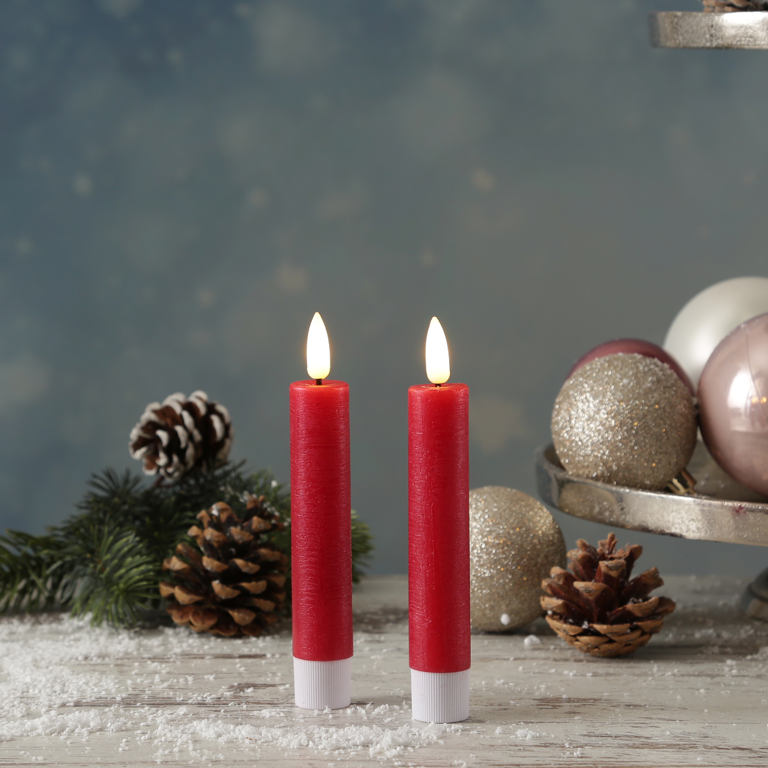 LED Stabkerzen LINA - Rustik-Optik - Echtwachs - 3D Flamme - H: 16cm - Timer - rot - 2er Set