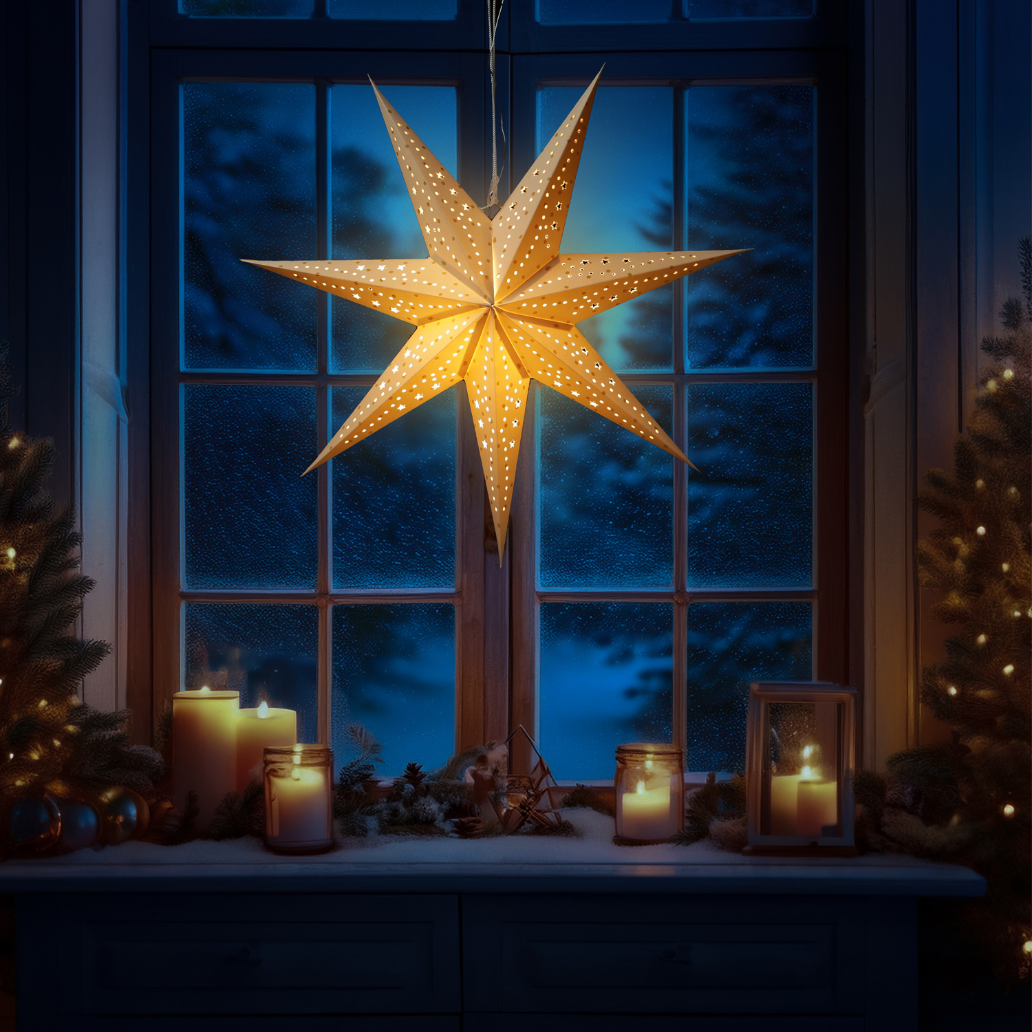 LED Papierstern mit Stoffbezug - Samtstern - 7-zackig - 6LED - D: 38cm - Batterie - Timer - beige