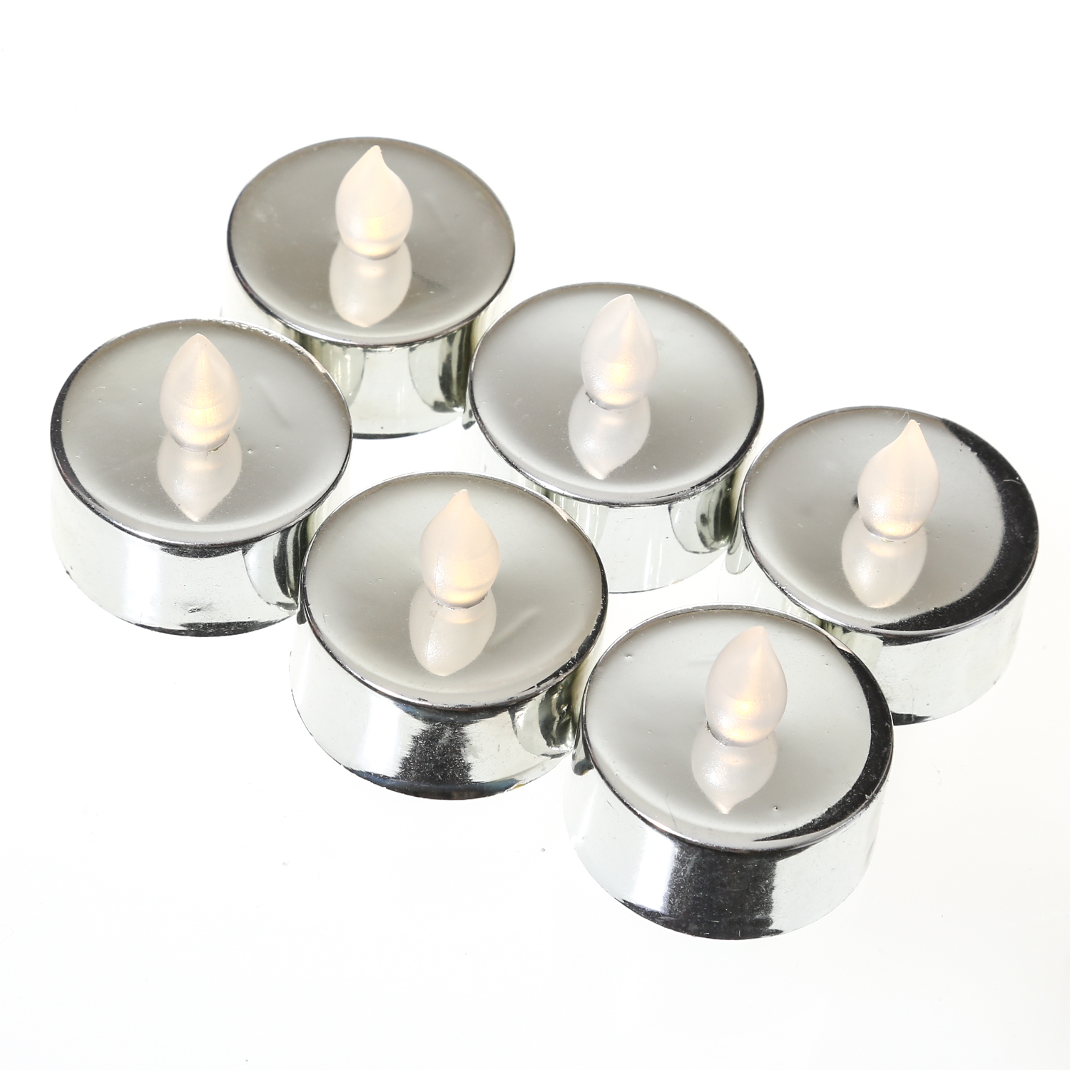 LED Teelicht - warmweiße flackernde Flamme - Batteriebetrieb - D: 3,8cm - silber - 6er Set