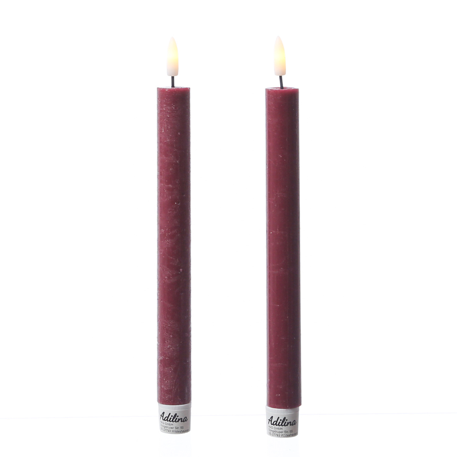 LED Stabkerzen LINA - Rustik-Optik - Echtwachs - 3D Flamme - H: 24cm - Timer - bordeauxrot - 2er Set