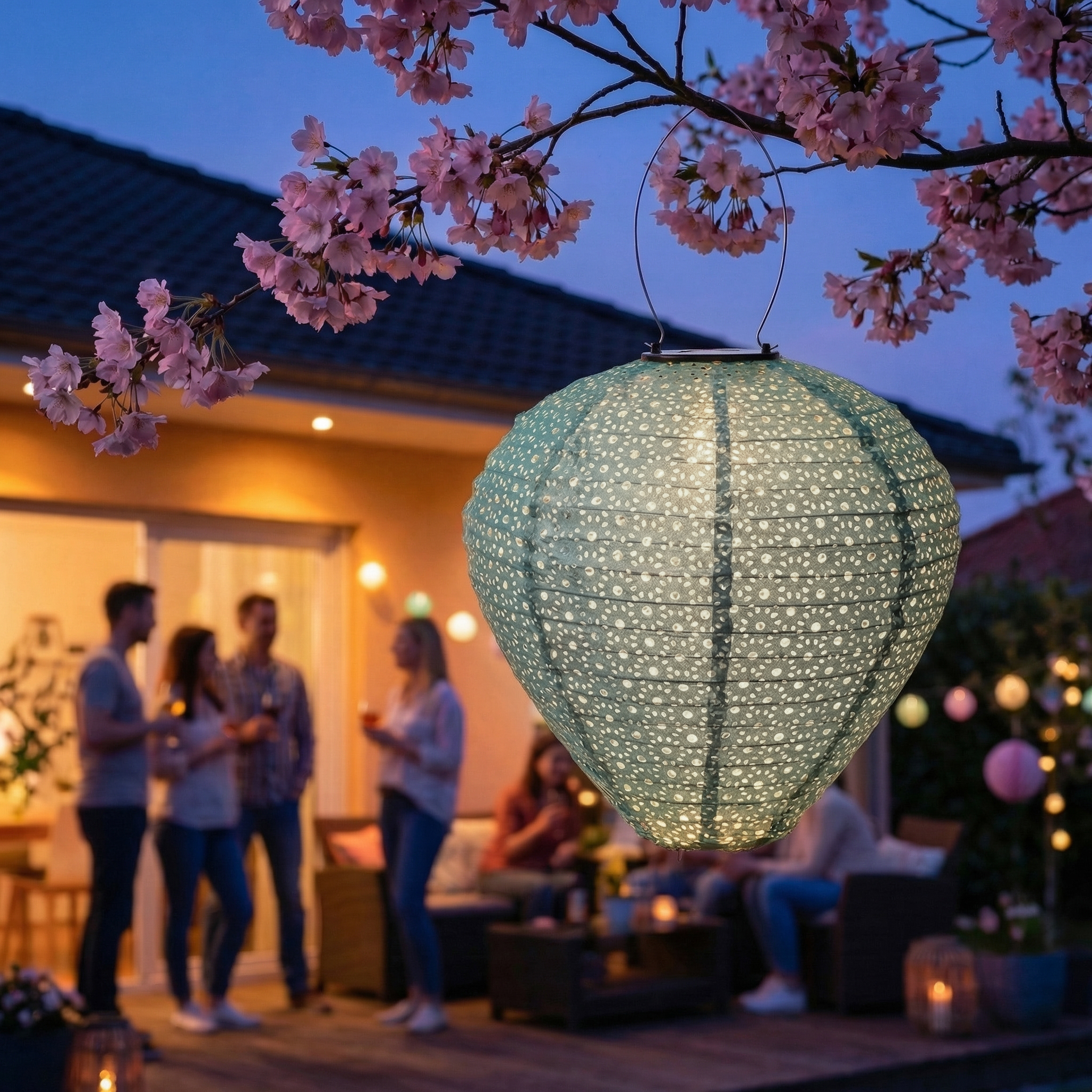 LED Solar Lampions mit Blumenmuster - oval/rund/Ballonform - Lichtsensor - grün - 3er Set