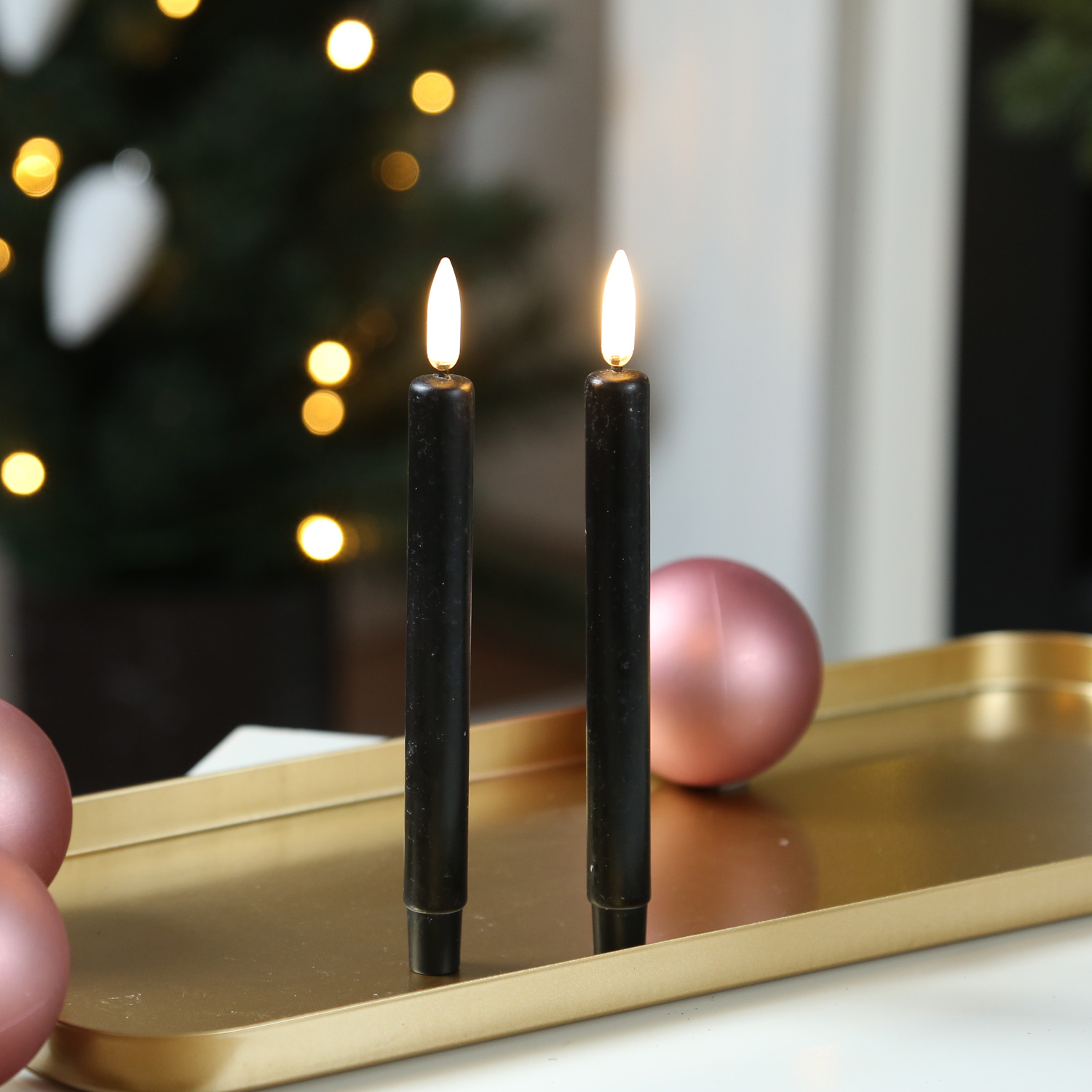 LED Stabkerzen THEA - dünne Tafelkerzen - Echtwachs - H: 16,6cm - D: 1,3cm - schwarz - 2 Stück