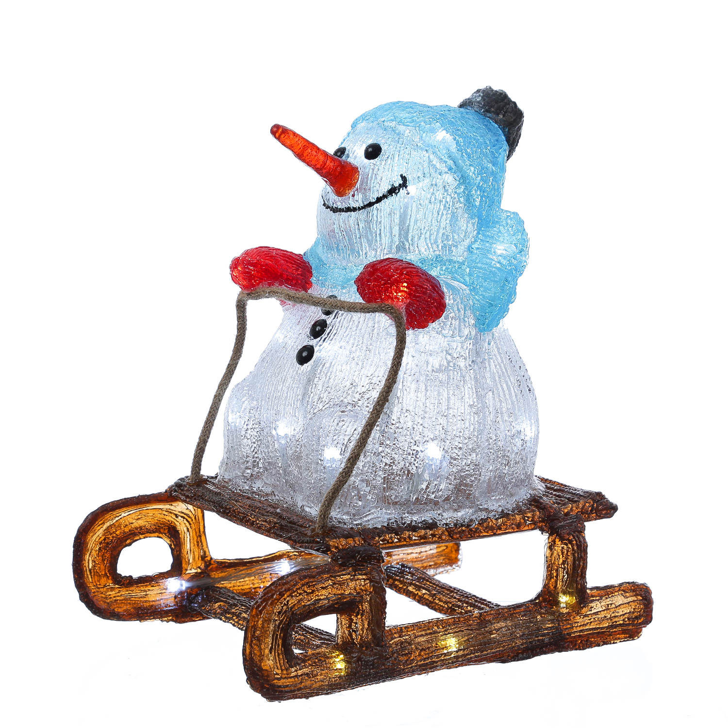 LED Schneemann mit Schlitten - Acrylfigur - 30 kaltweiße LED - H: 32cm - Timer - für Außen