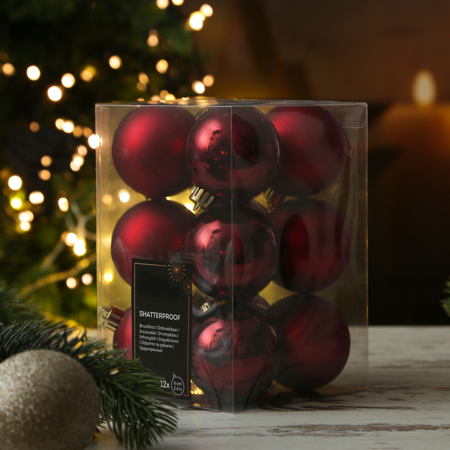 Christbaumkugeln - Weihnachtbaumskugeln - bruchfest - D: 6cm - glänzend/matt  - weinrot - 12er Set