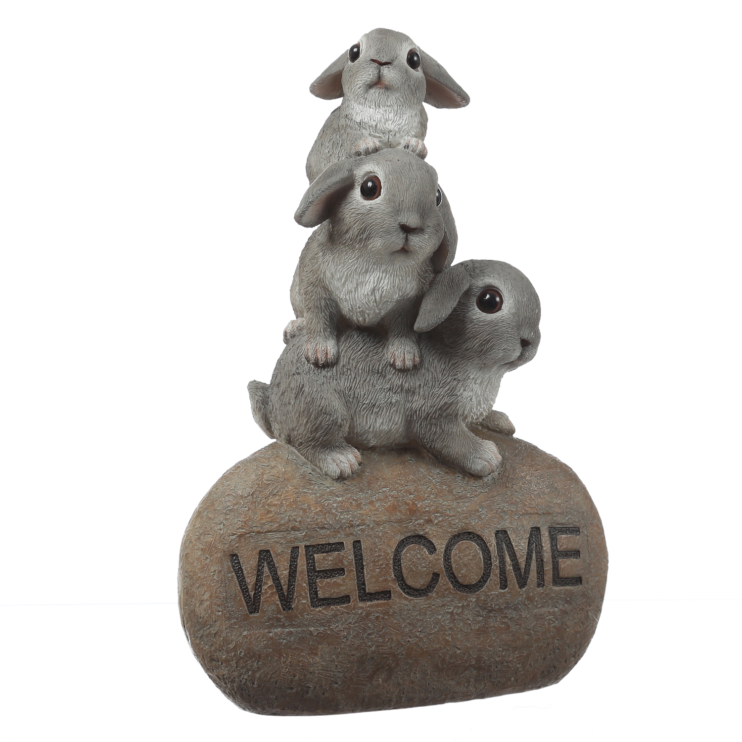 Gartenfigur Welcome - 3 Häschen auf Stein - Dekofigur - H: 26cm - Polyresin - grau