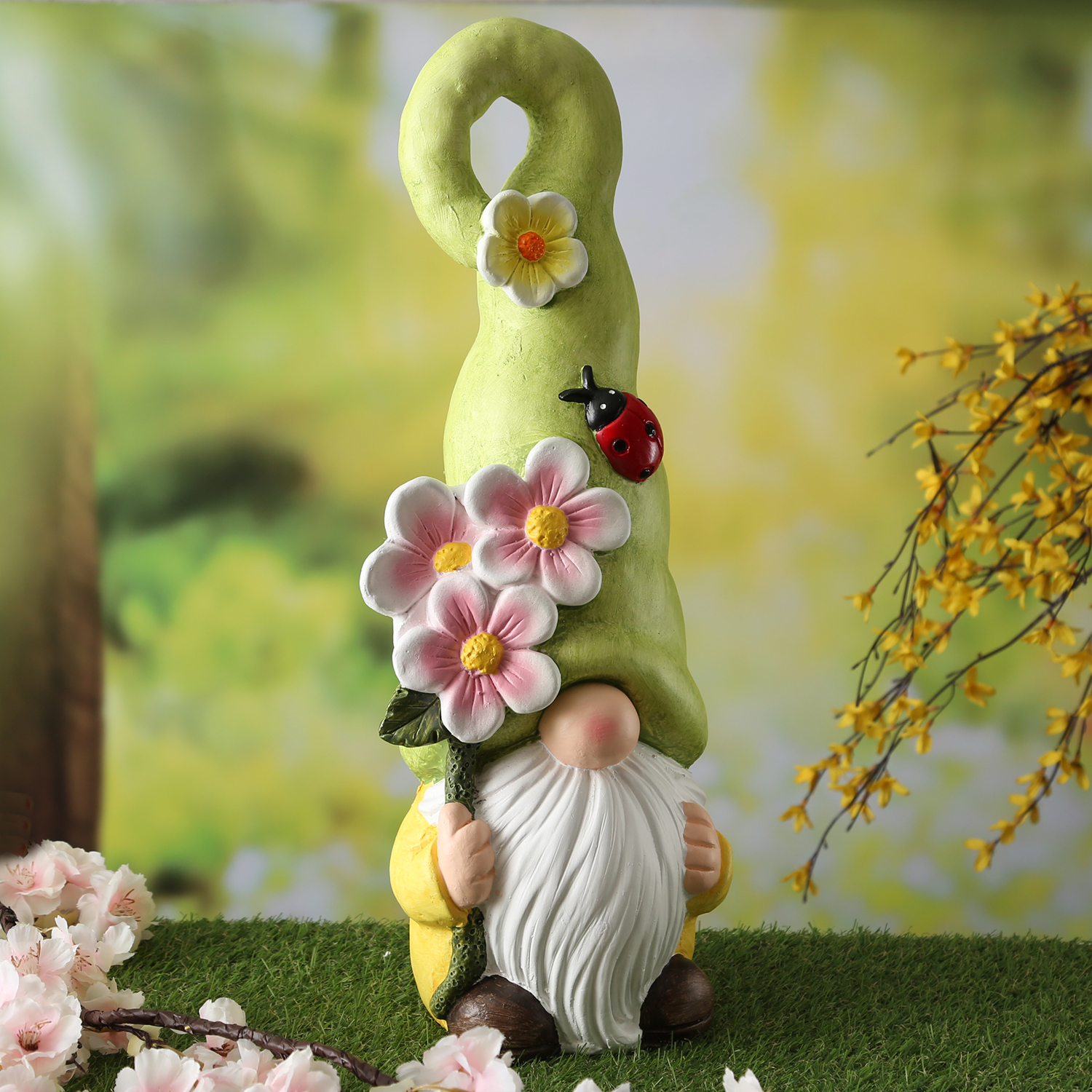 Gartenzwerg mit grüner Zipfelmütze und Blumen - XL Gartenfigur - Polyresin - H: 49cm