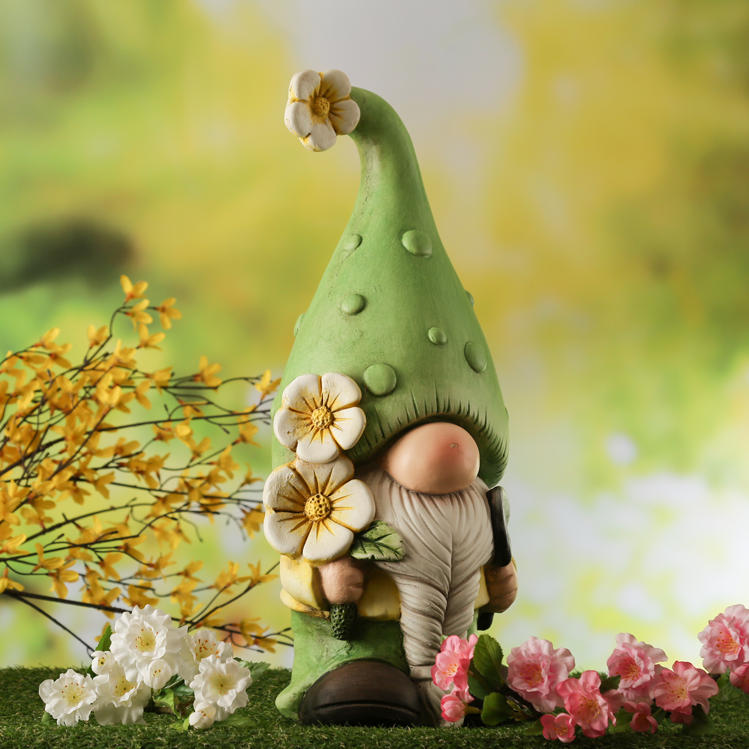 Gartenzwerg DAVID - Zwerg mit Spaten und Blumen - Gartenfigur - Polyresin - H: 45cm - grün