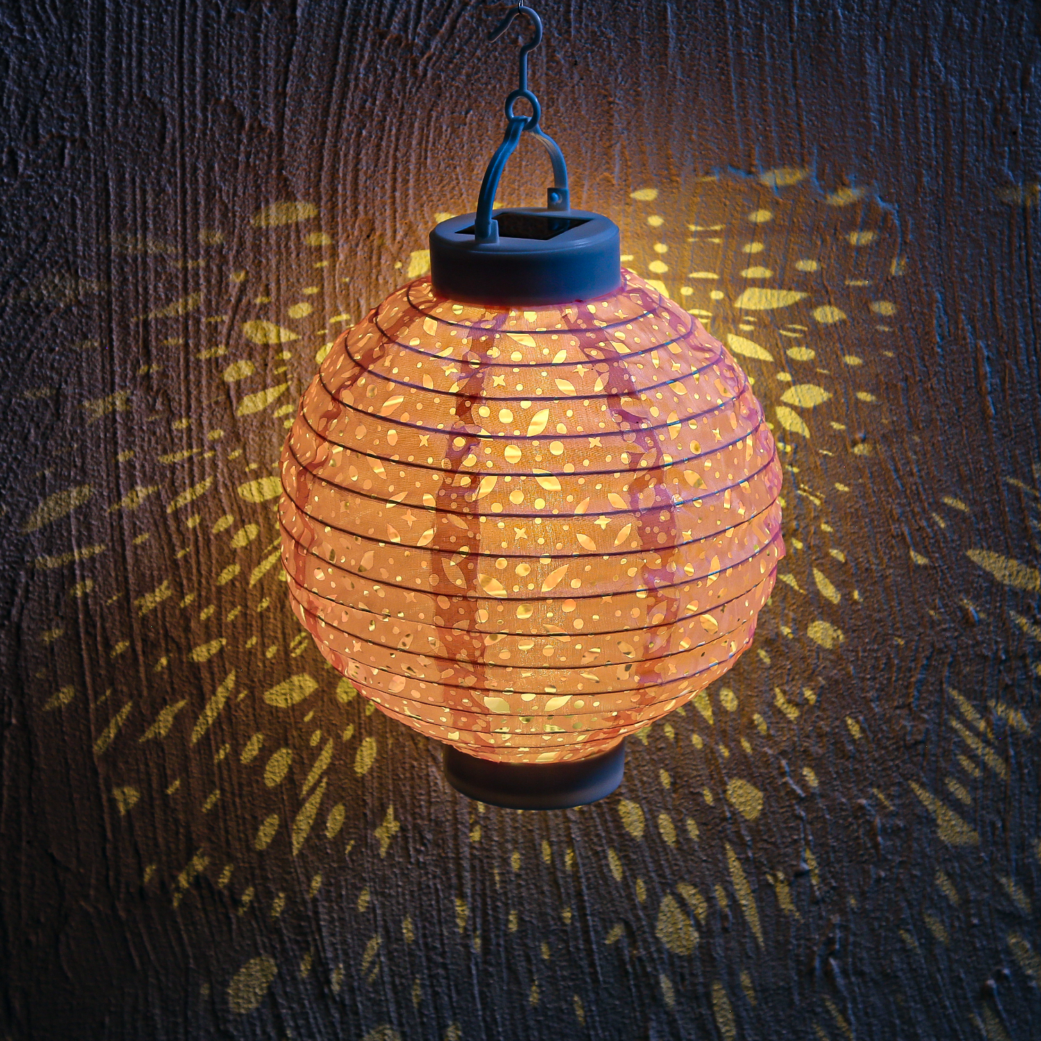 LED Solar Lampion - mit Muster - warmweiße LED - H: 23cm - D: 20cm - Lichtsensor - rosa