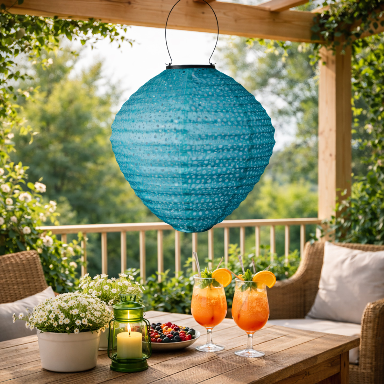 LED Solar Lampion Ballon - mit Blumenmuster - warmweiße LED - H: 30cm - D: 30cm - Lichtsensor - blau