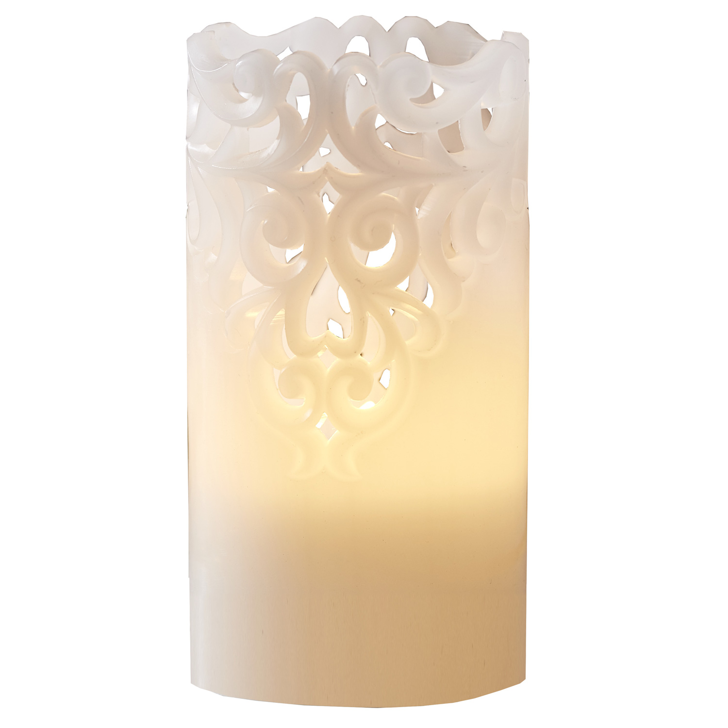 LED Stumpenkerze "Clary" - Echtwachs - Spitzenmuster - warmweiße Flamme - H: 15cm - Timer - weiß
