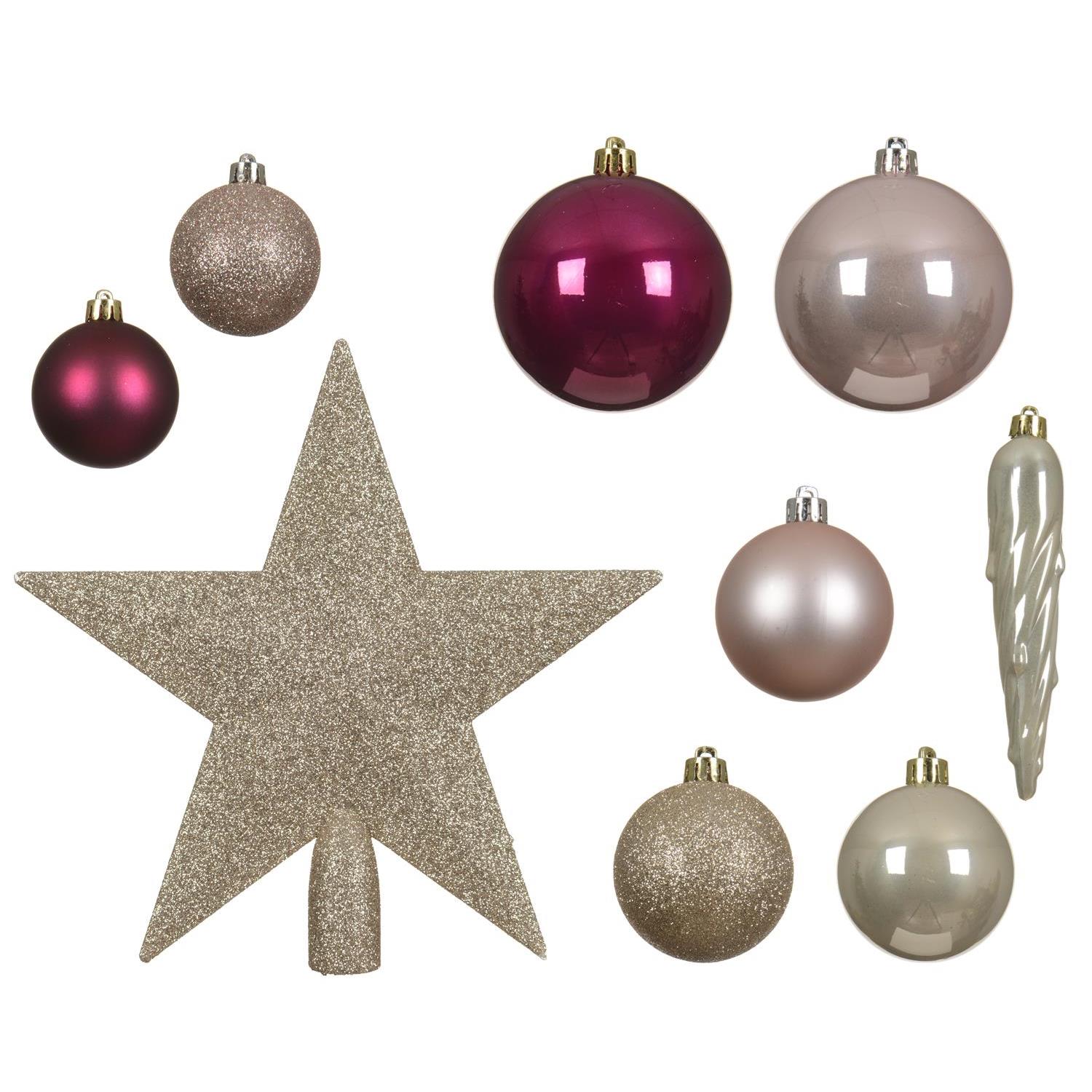 Christbaumkugeln - Weihnachtsbaumkugeln mit Stern Baumspitze - bruchfest - pink, rosa - 33er Set