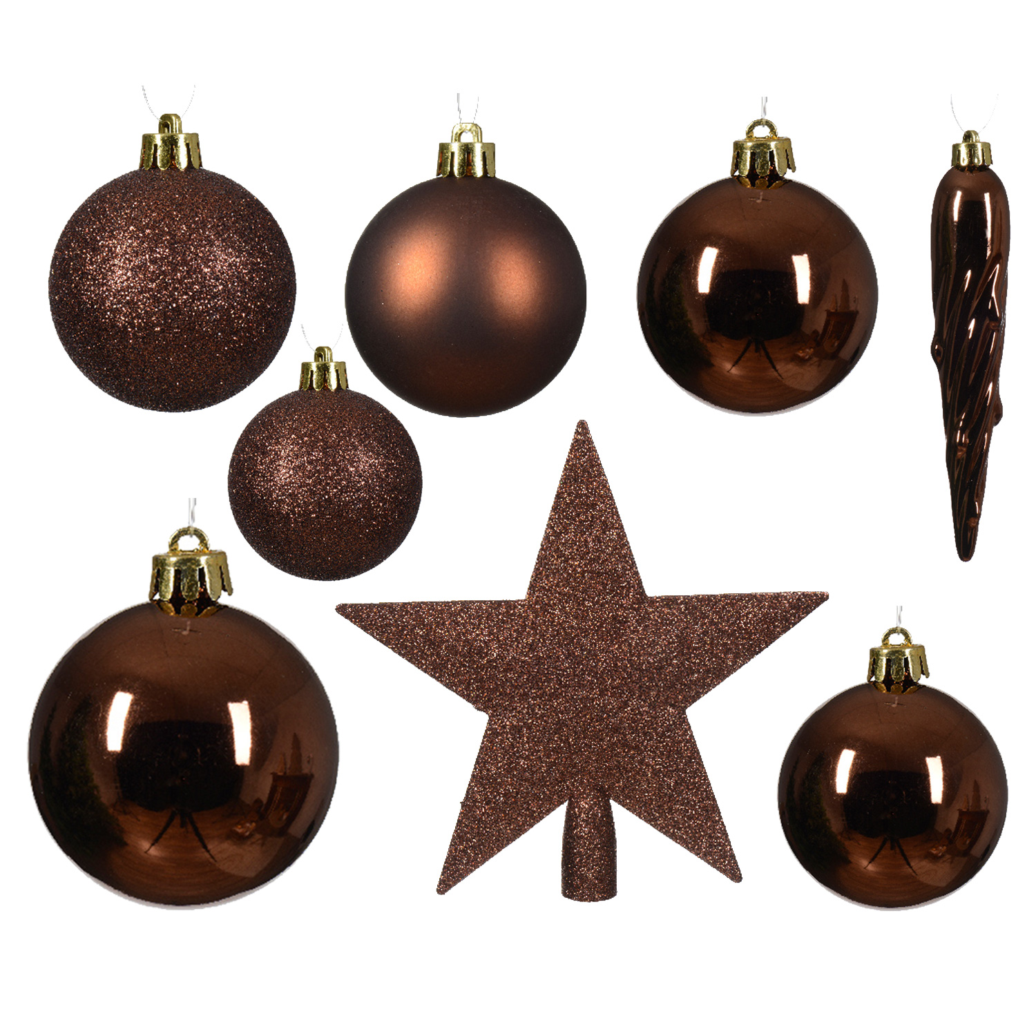 Christbaumkugeln - Weihnachtsbaumkugeln mit Stern Baumspitze - bruchfest - braun - 33er Set