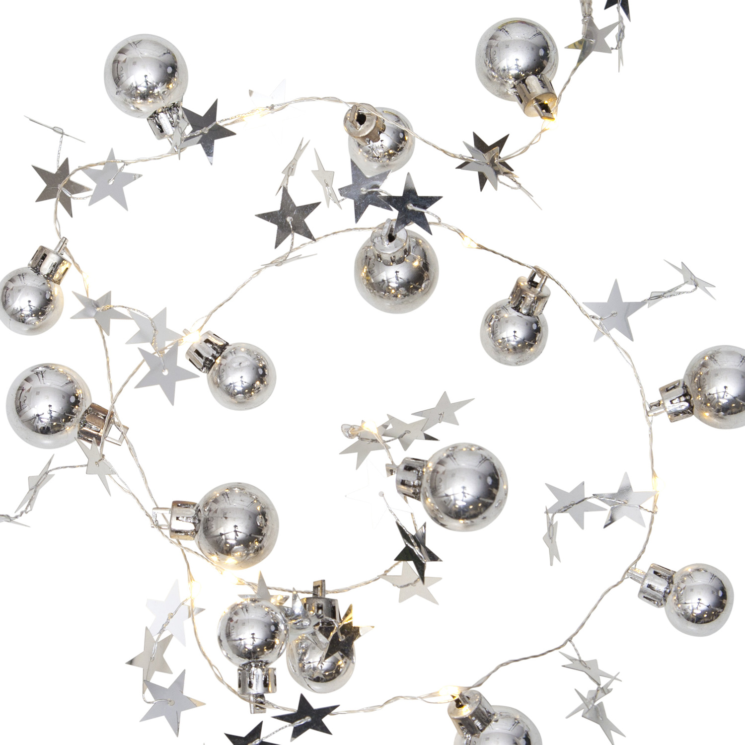 LED-Lichterkette "Xmas" - 10 warmweiße LED - silberne Kugeln und Sterne - 0,9m - Batterie - Timer