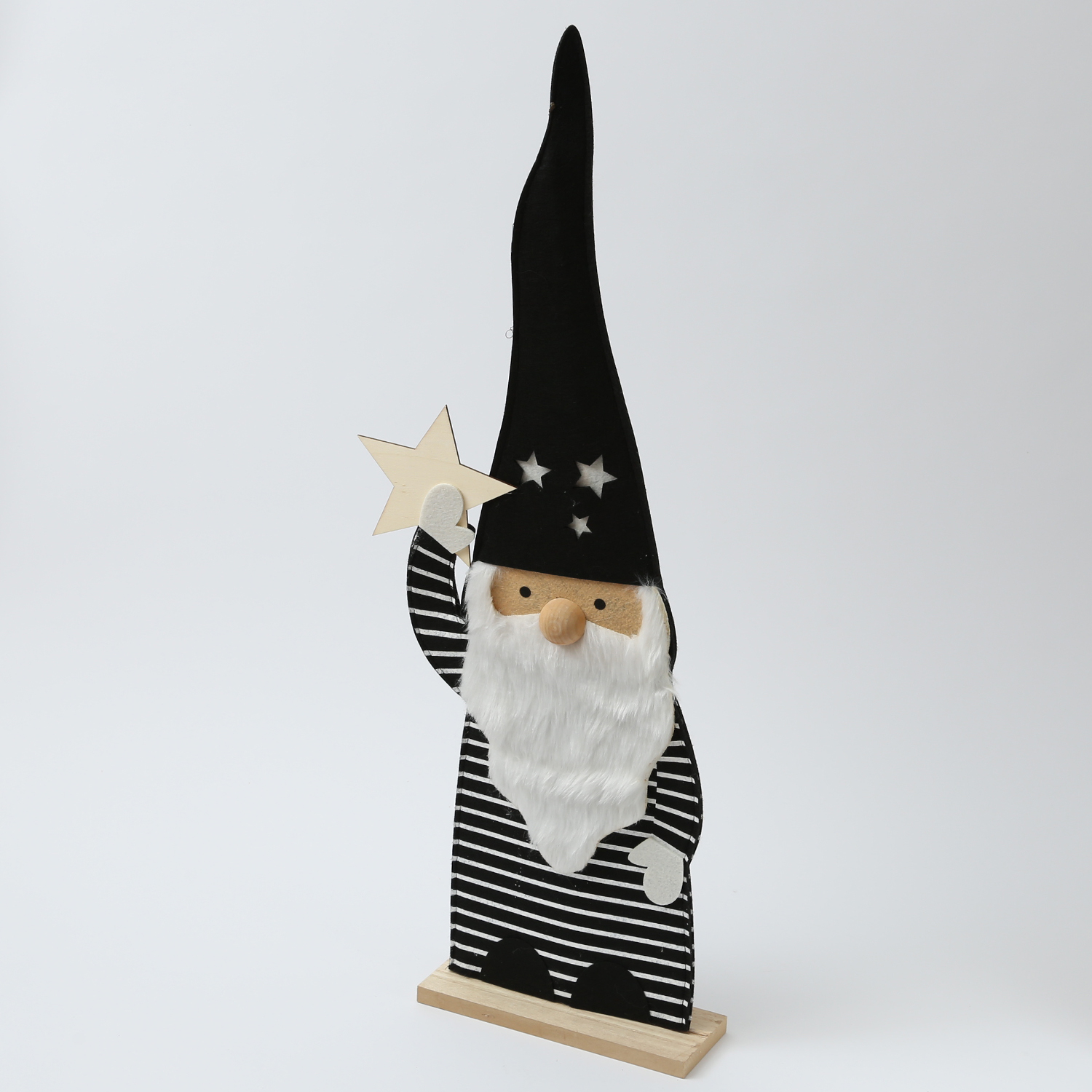 Weihnachtsmann - Holz - Filz - stehend - H: 87cm - Streifen und Sterne - schwarz