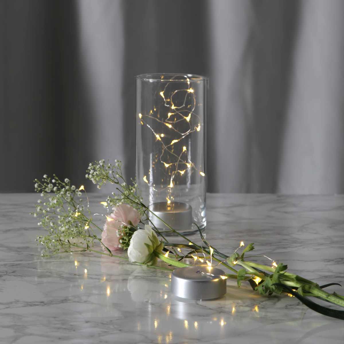 LED Drahtlichterkette "Dew Drop" - 20 warmweiße LED - silberner Draht - 1m - Batteriebetrieb - Timer