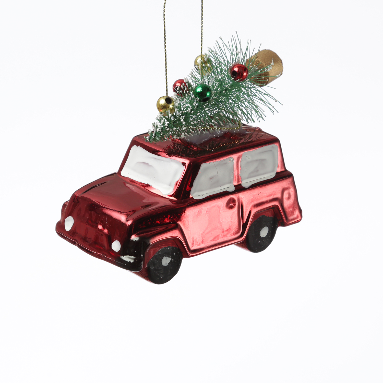 Weihnachtsbaumschmuck Mini Autos mit Weihnachtsbaum - bruchfest - H: 9cm - 3er Set - rot